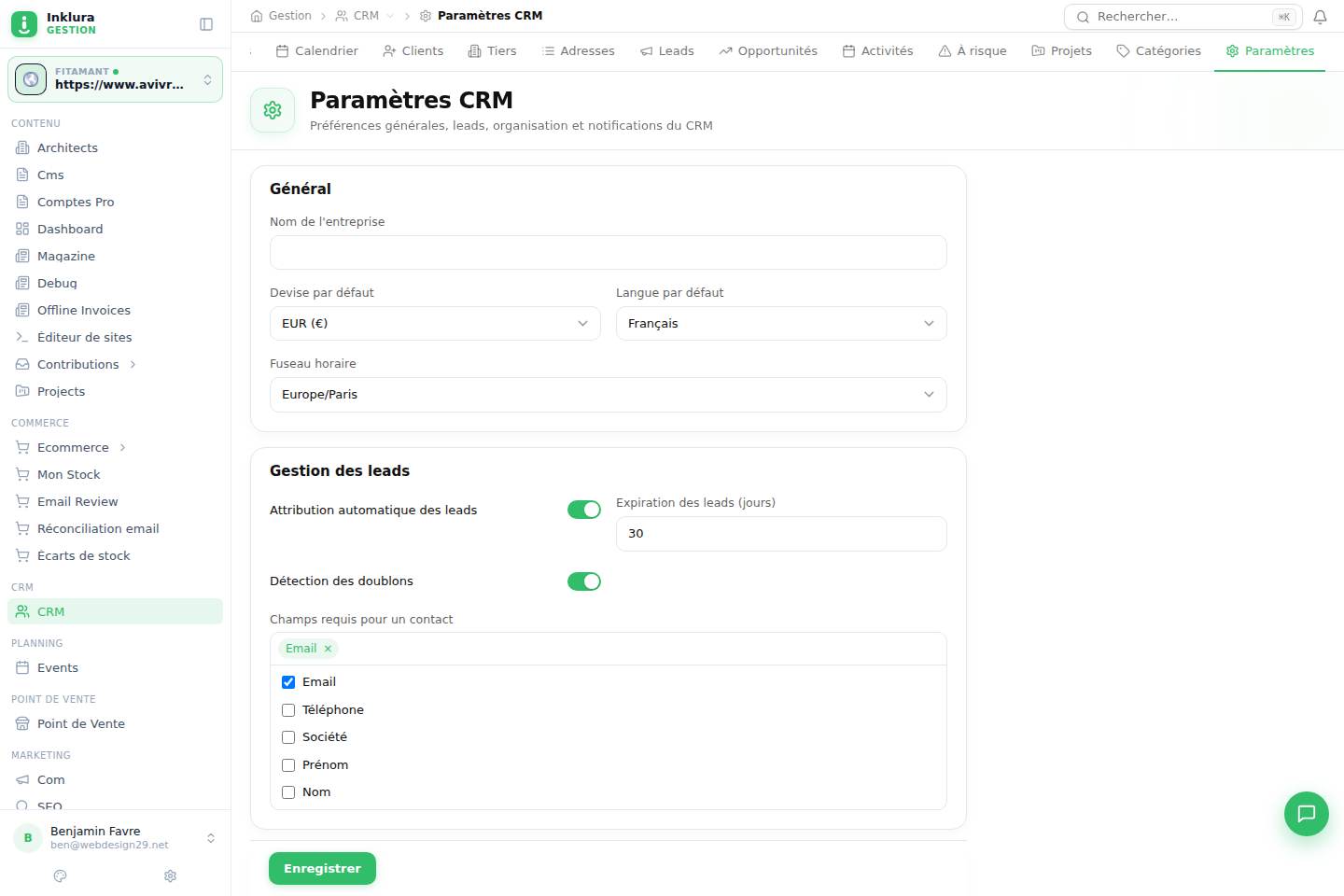 CRM — Réglages