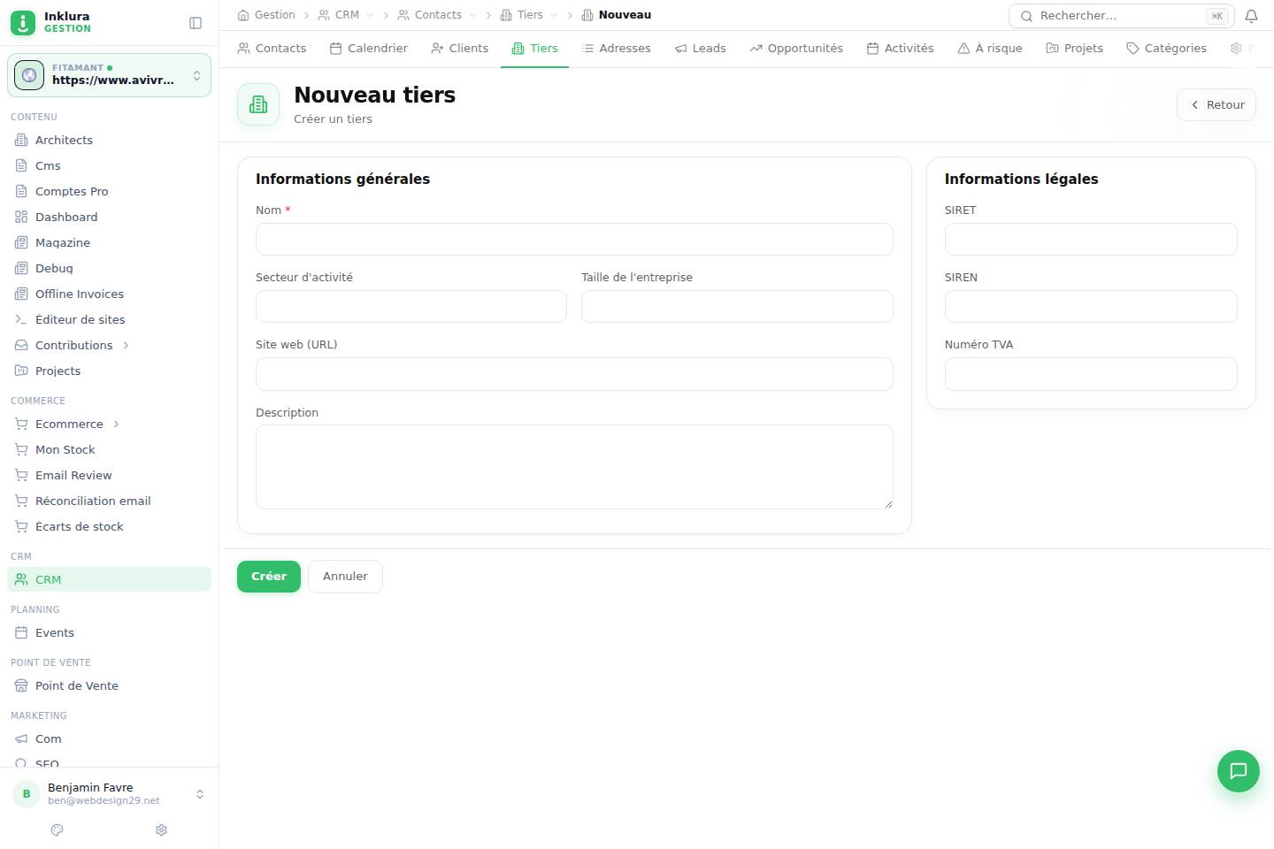 CRM — Créer — Contacts · Tiers
