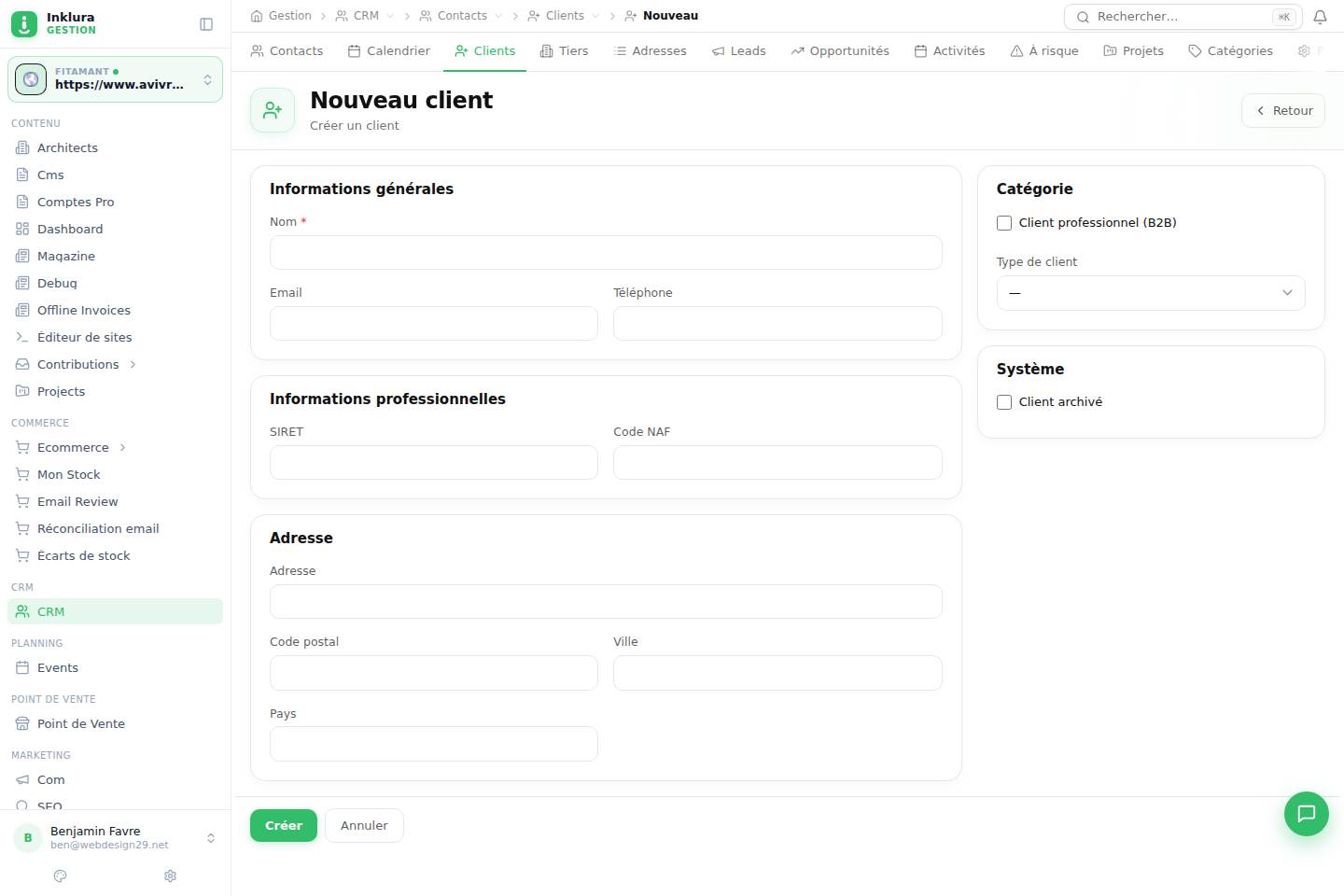 CRM — Créer — Contacts · Clients
