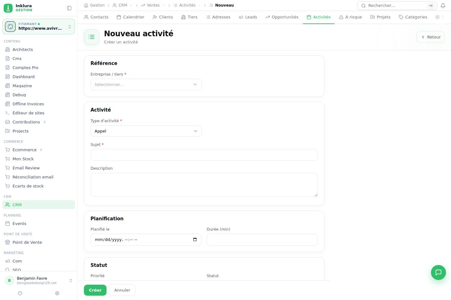CRM — Créer — Ventes · Activités