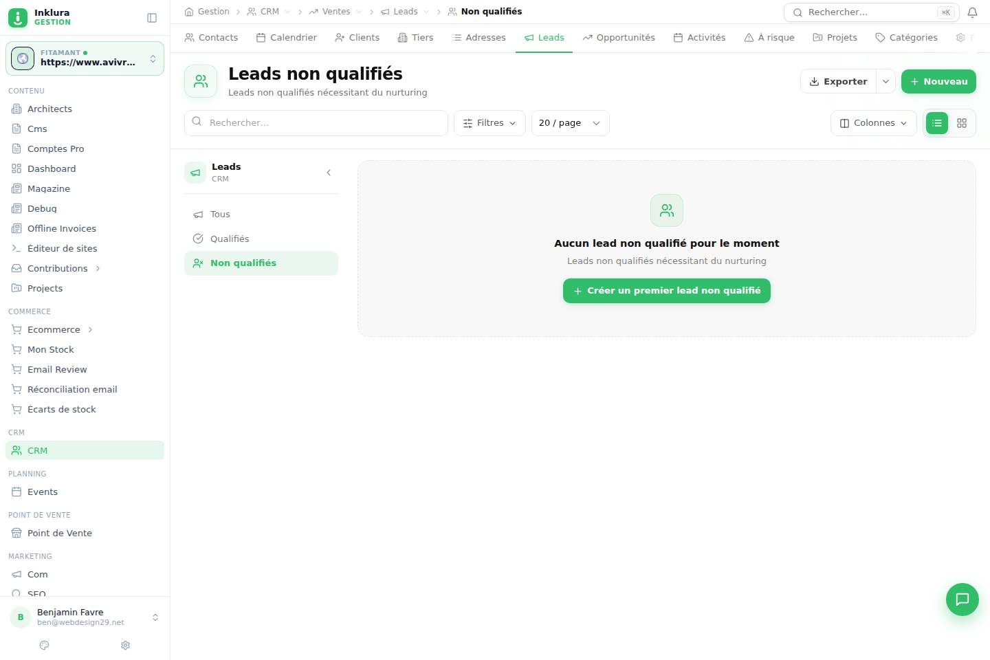 CRM — Ventes · Leads · Non qualifiés