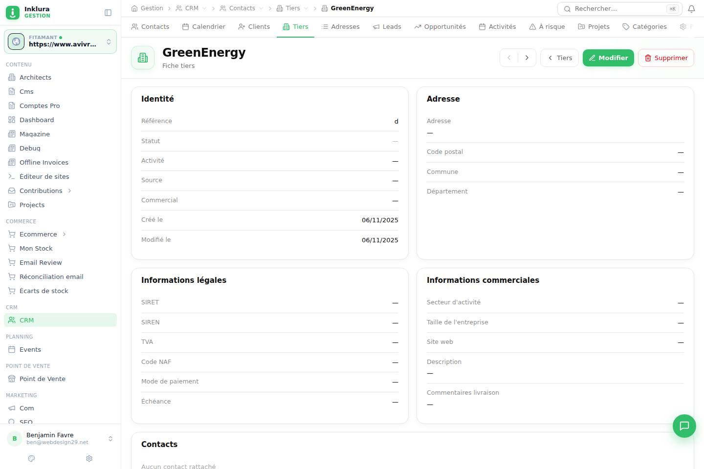 CRM — Fiche — Contacts · Tiers