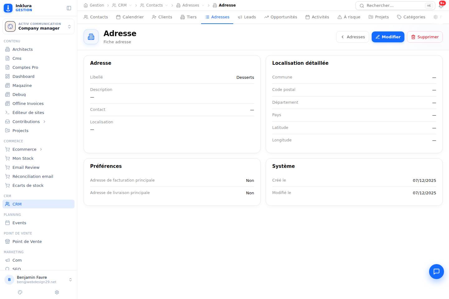 CRM — Fiche — Contacts · Adresses