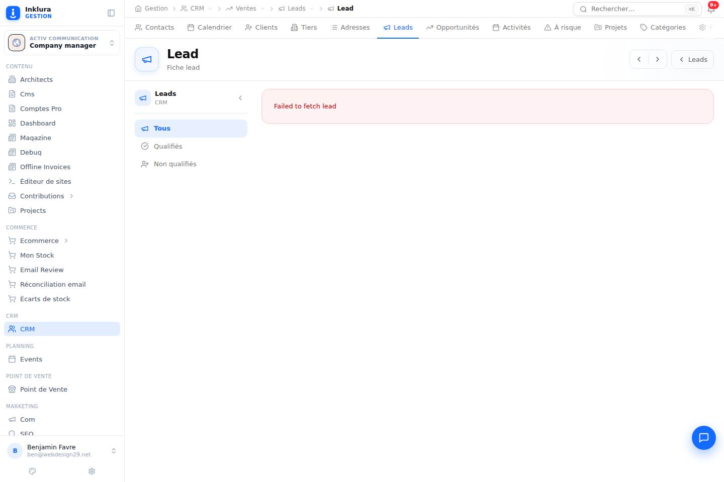 CRM — Fiche — Ventes · Leads