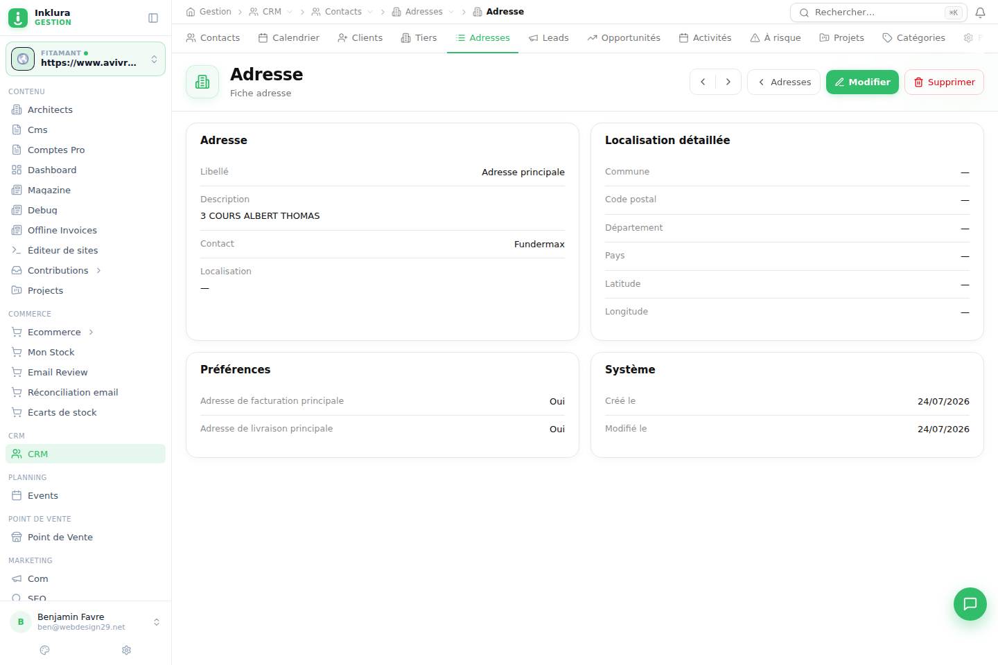 CRM — Fiche — Contacts · Adresses
