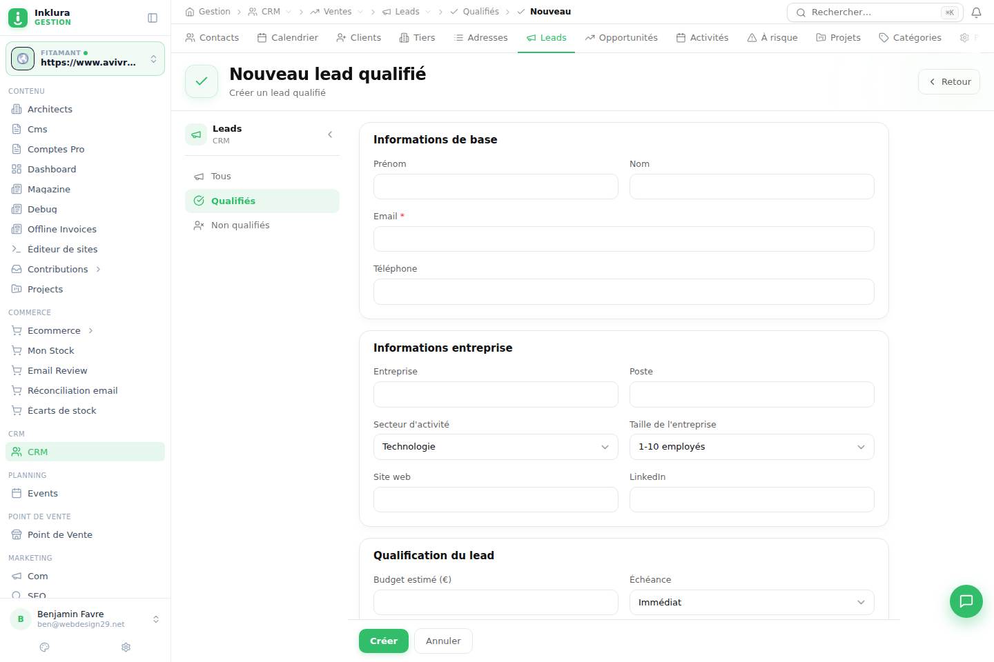 CRM — Créer — Ventes · Leads · Qualifiés