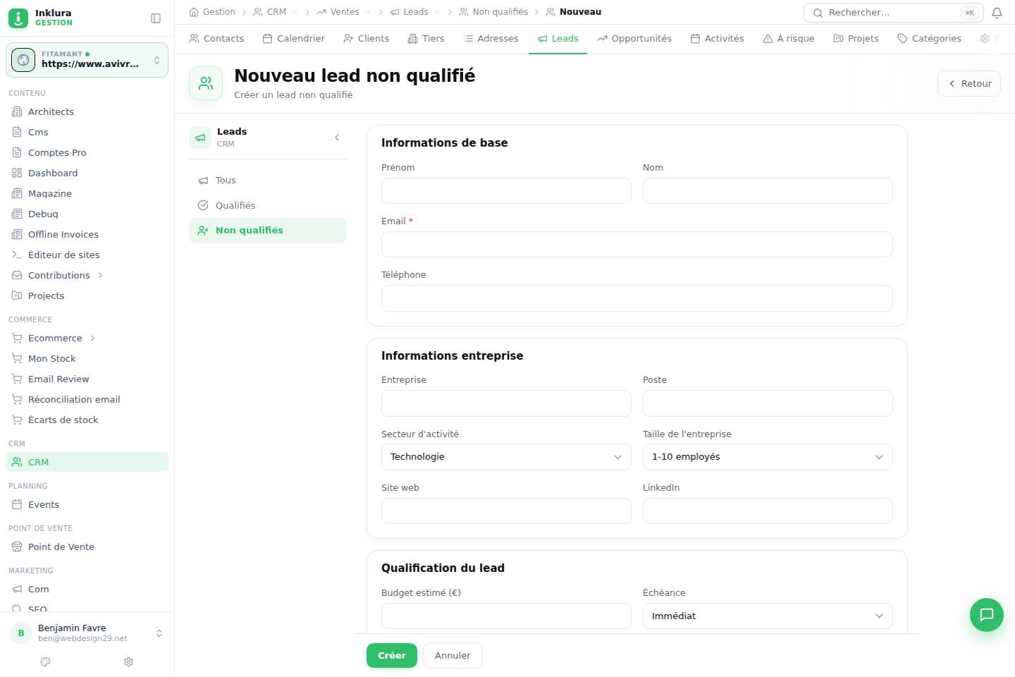 CRM — Créer — Ventes · Leads · Non qualifiés