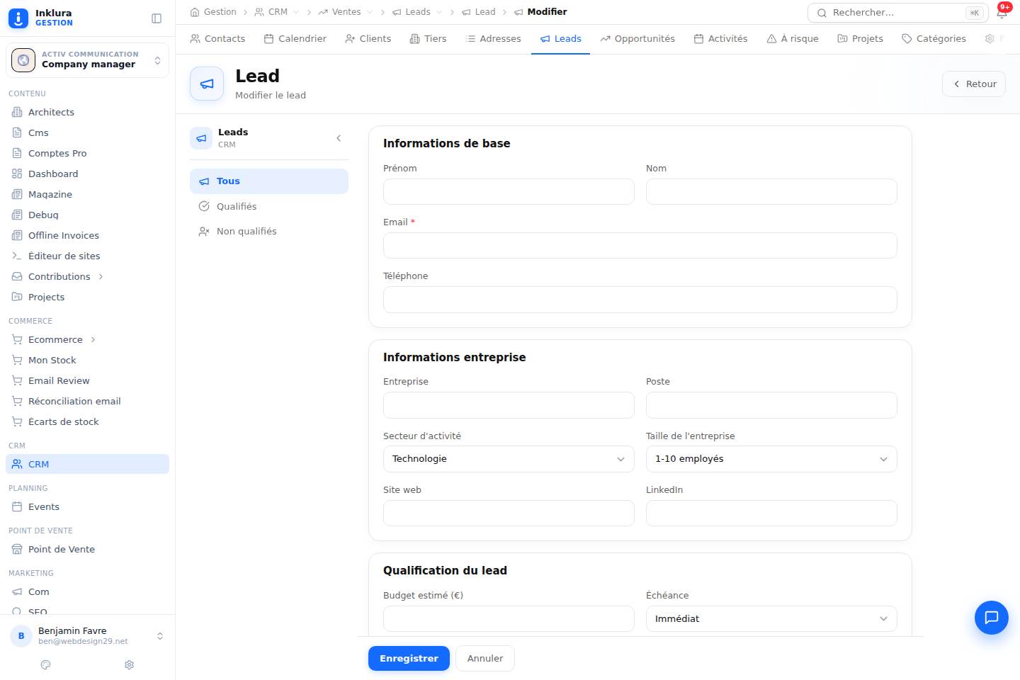 CRM — Modifier — Ventes · Leads