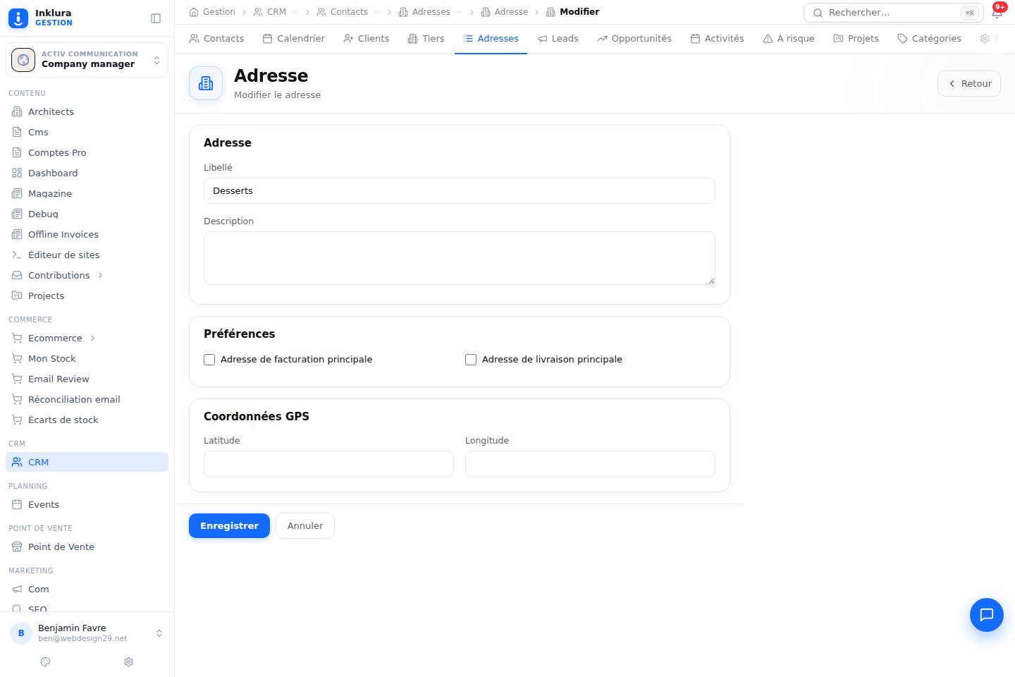 CRM — Modifier — Contacts · Adresses