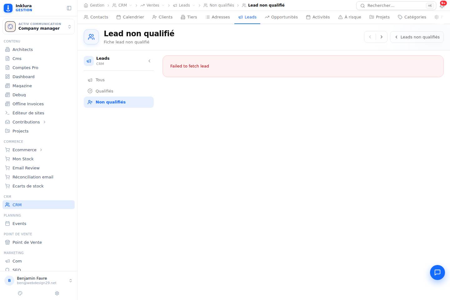 CRM — Fiche — Ventes · Leads · Non qualifiés