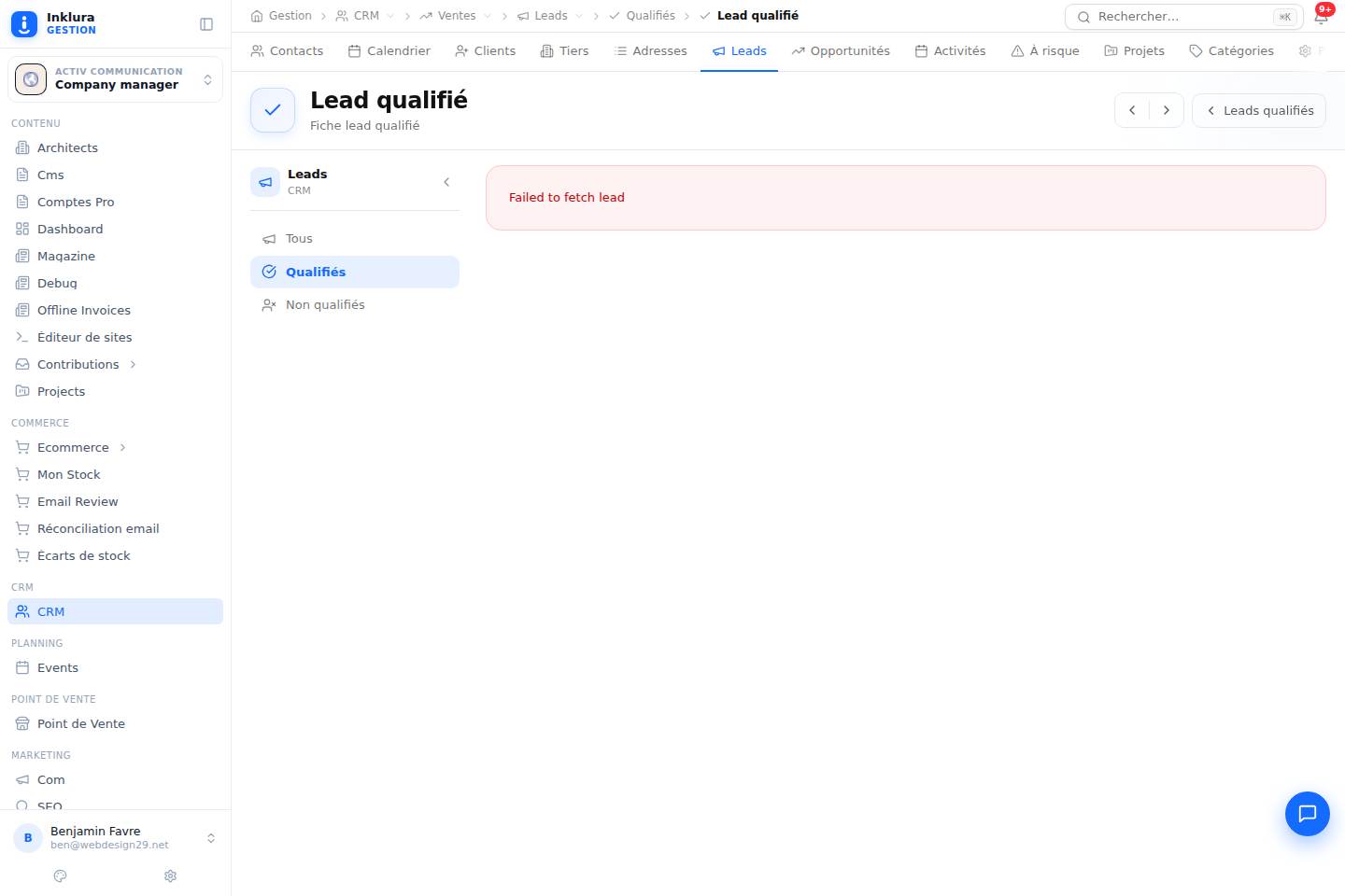 CRM — Fiche — Ventes · Leads · Qualifiés