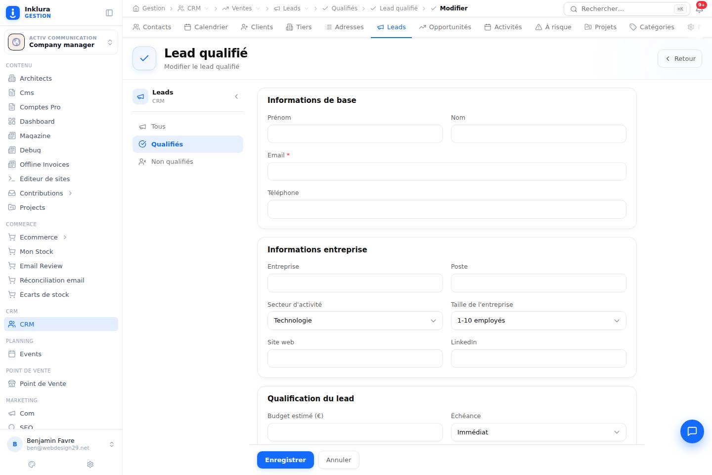 CRM — Modifier — Ventes · Leads · Qualifiés