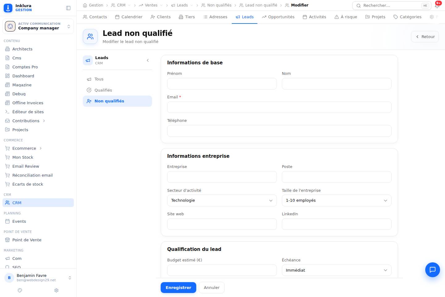 CRM — Modifier — Ventes · Leads · Non qualifiés