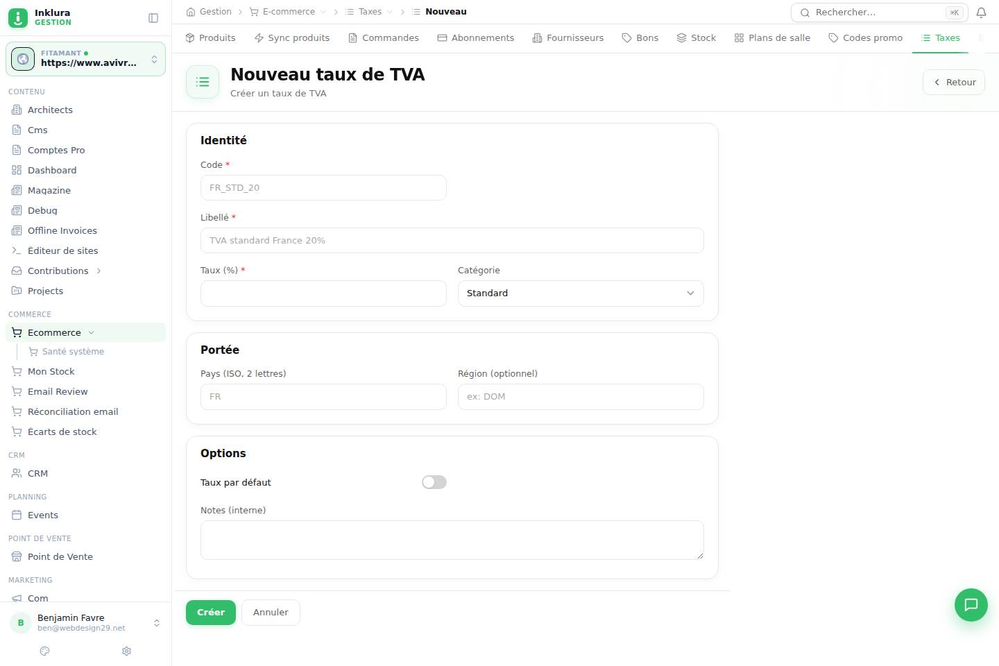 E-commerce — Créer — Taux de taxe