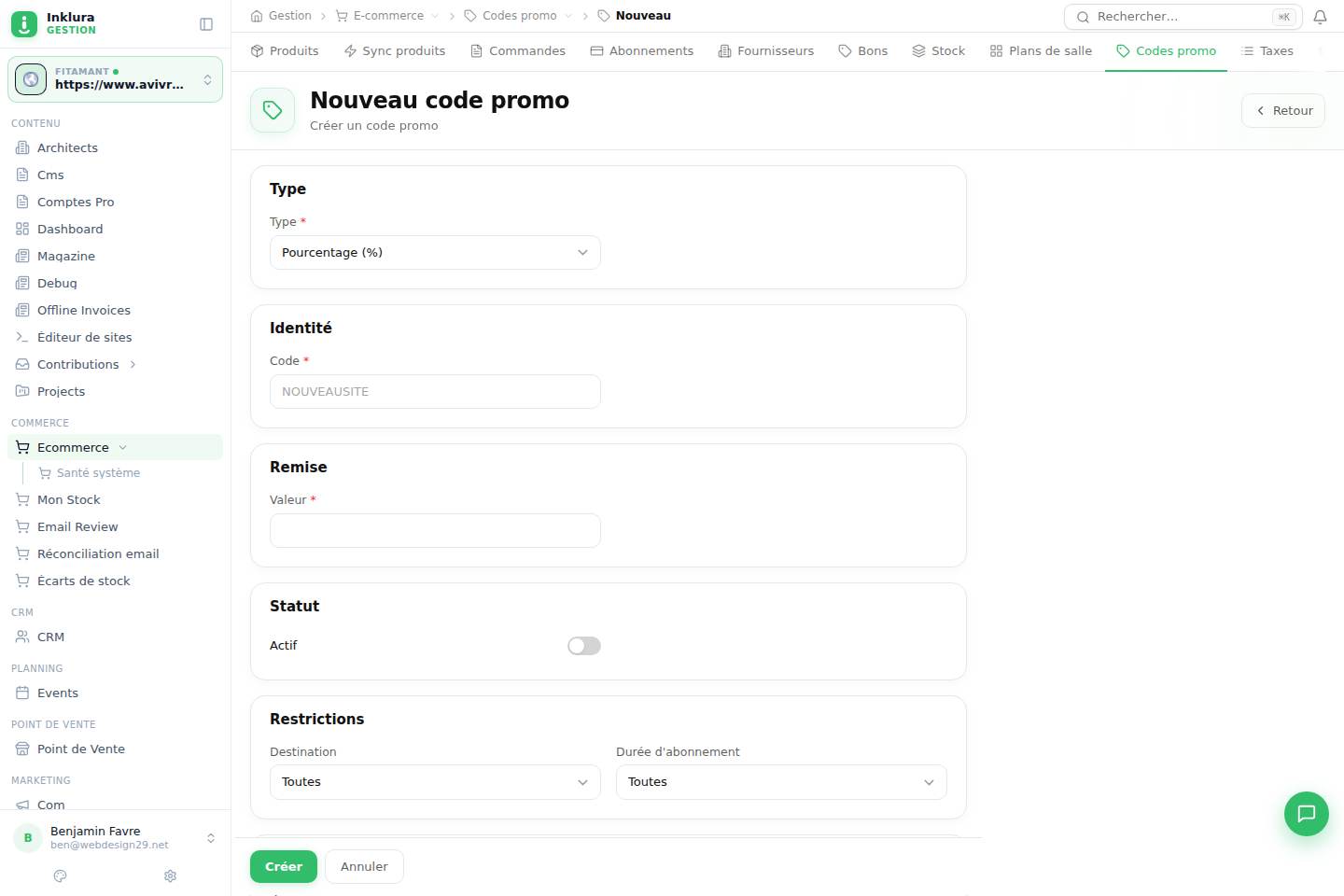 E-commerce — Créer — Codes promotionnels