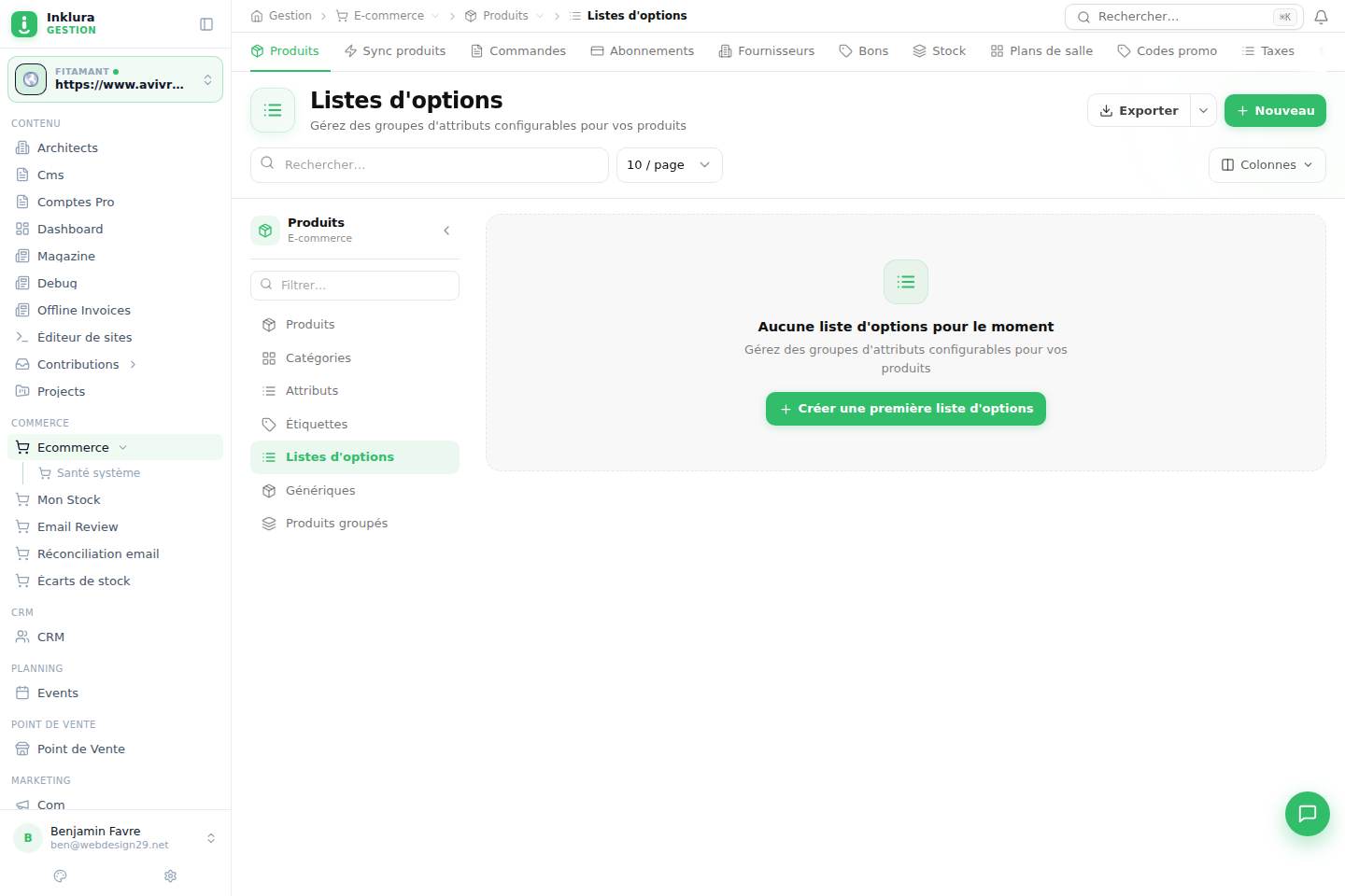 E-commerce — Produits · Listes d'options