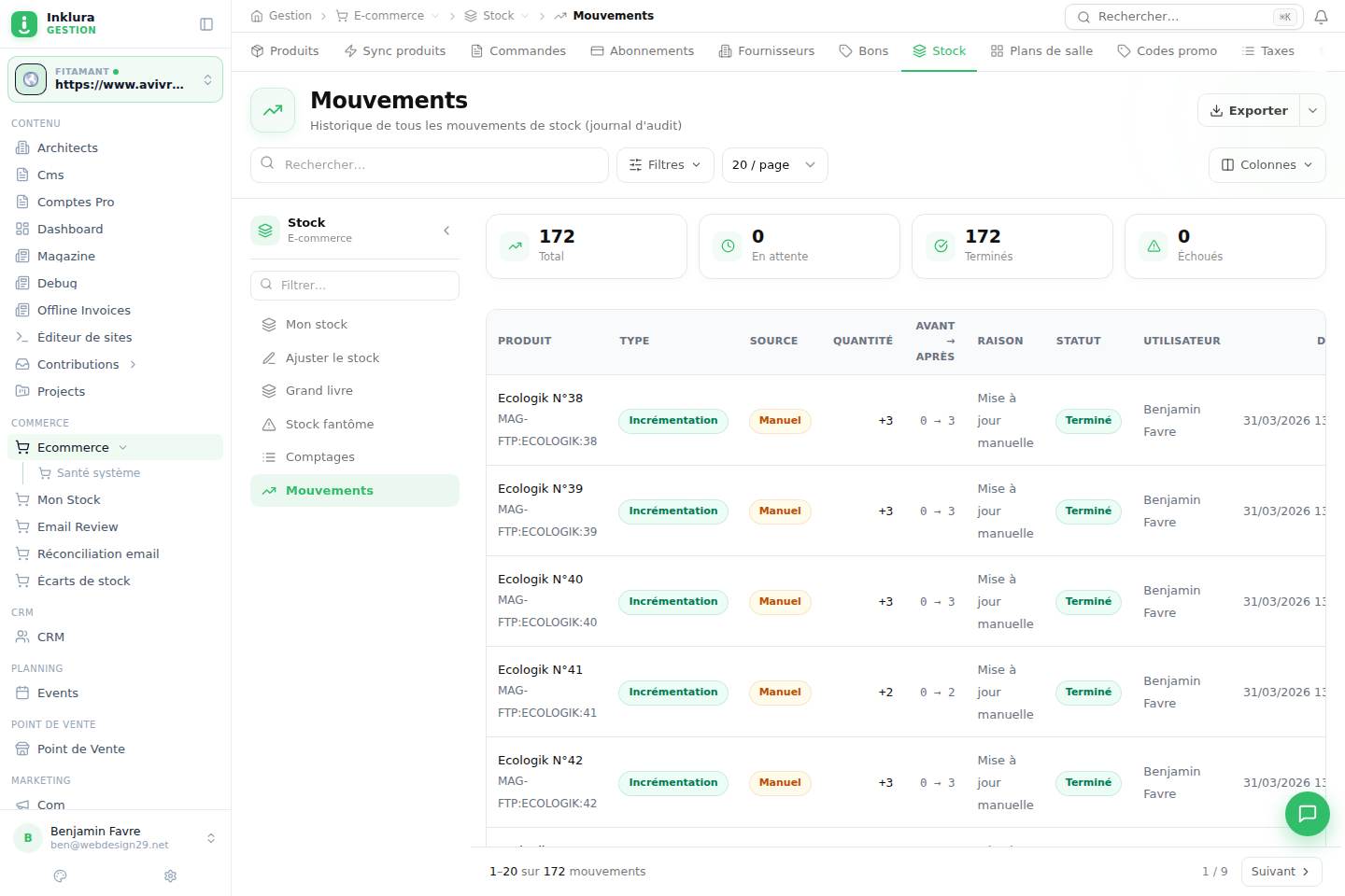 E-commerce — Stocks · Mouvements de stock