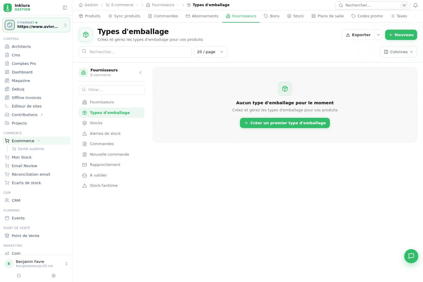 E-commerce — Fournisseurs · Types de conditionnement