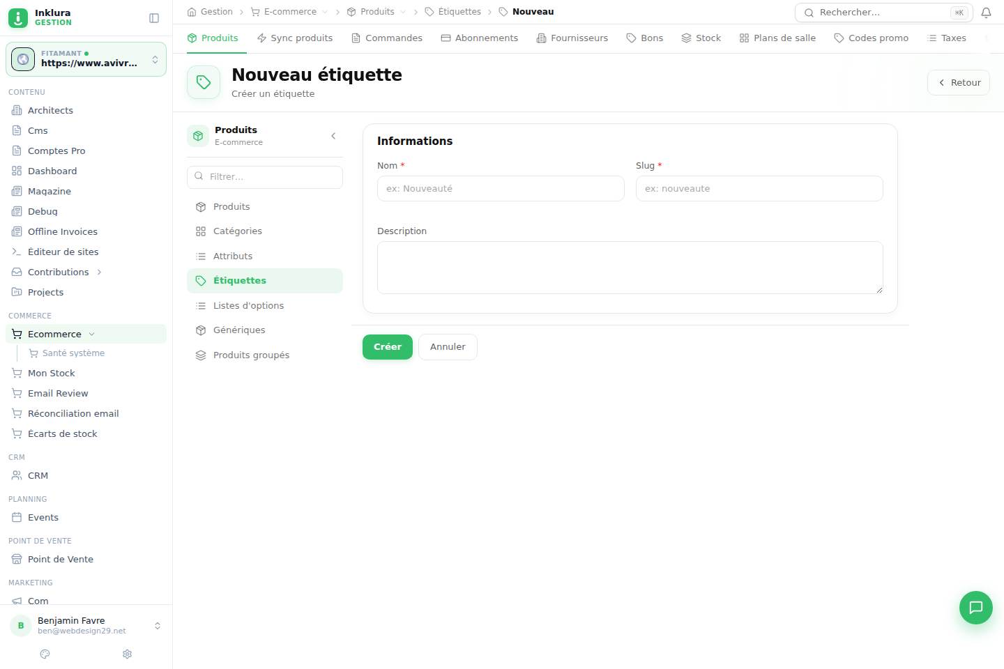 E-commerce — Créer — Produits · Tags