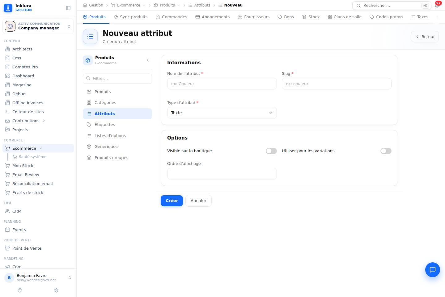 E-commerce — Créer — Produits · Attributes