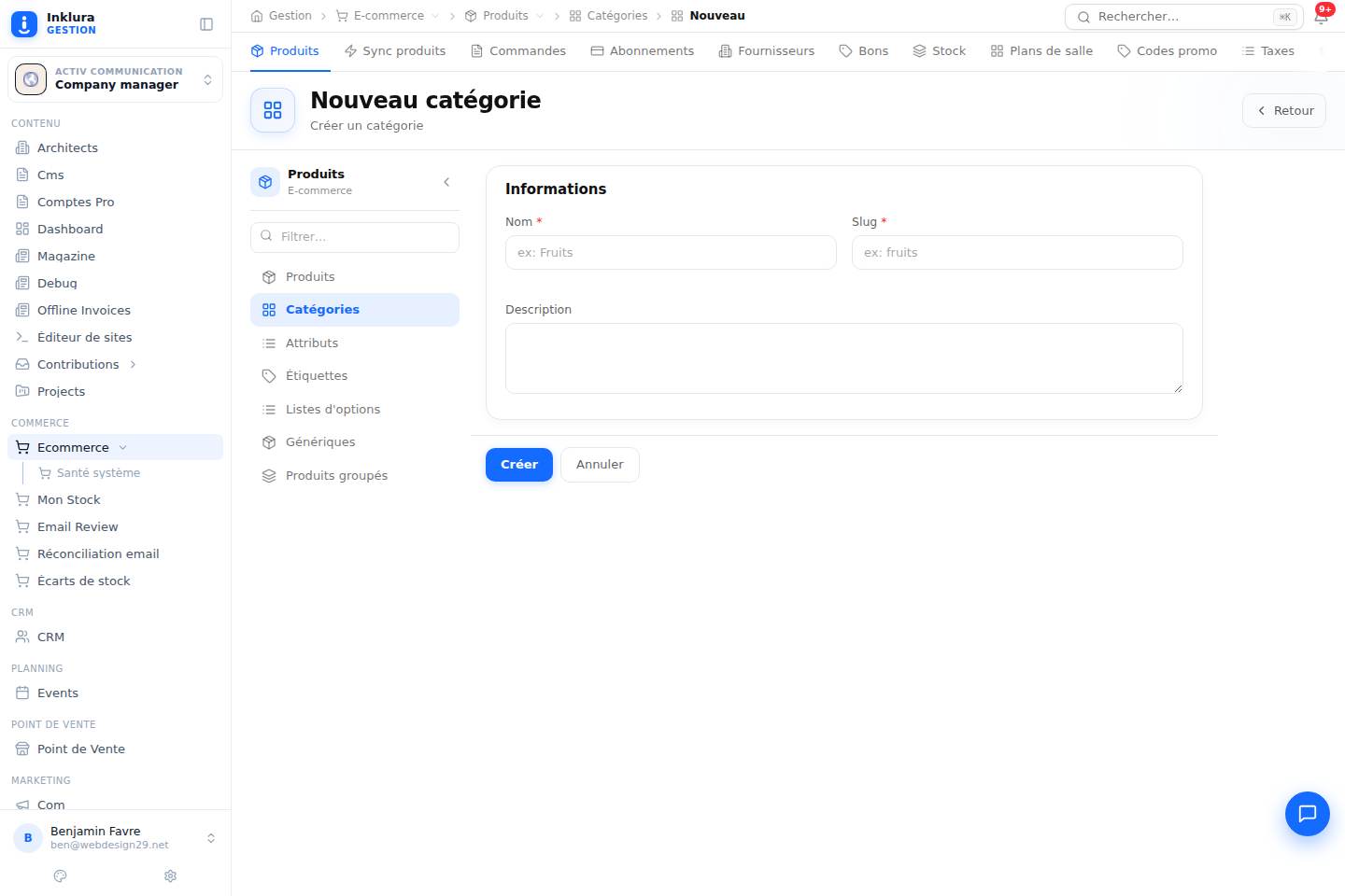 E-commerce — Créer — Produits · Catégories