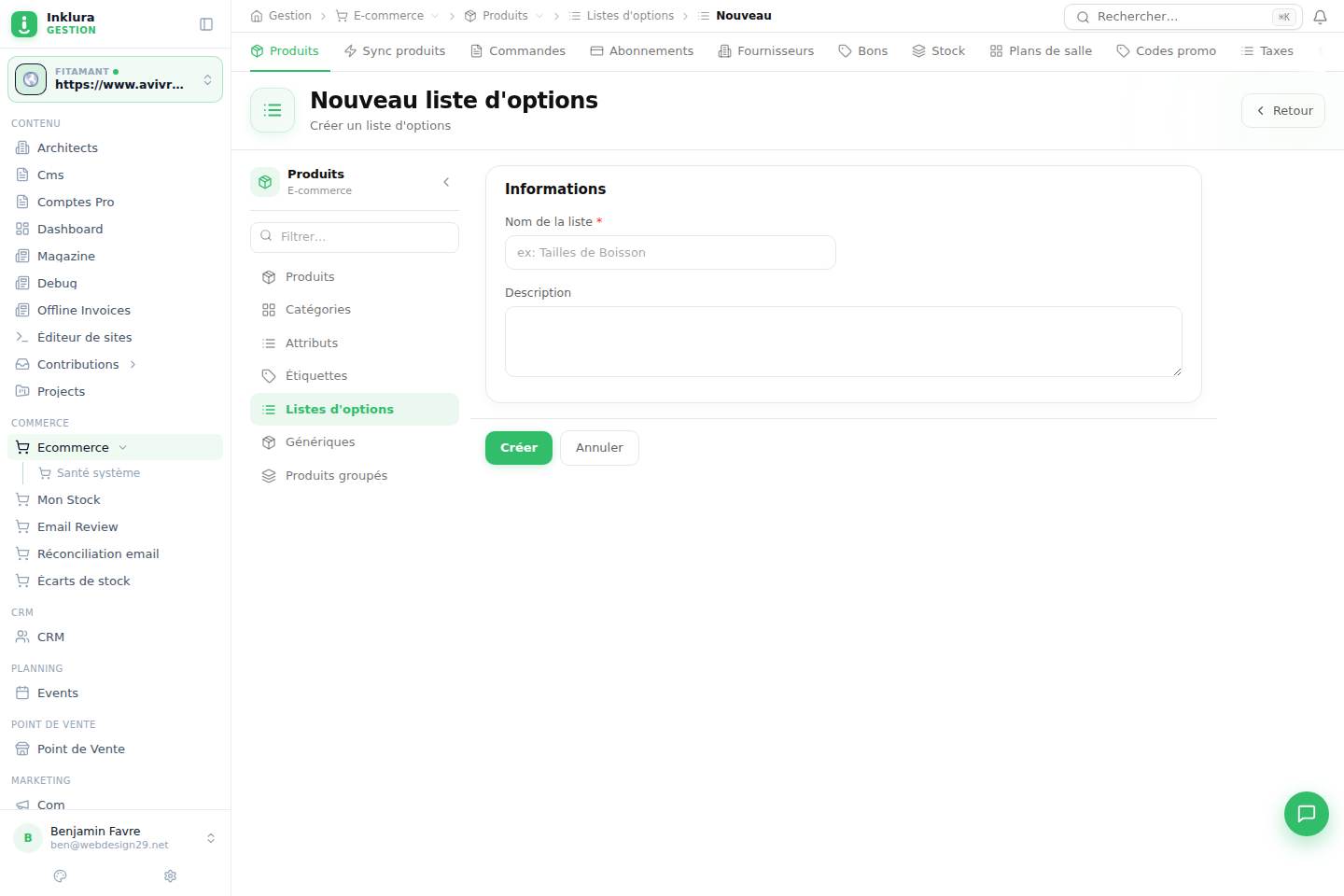 E-commerce — Créer — Produits · Listes d'options