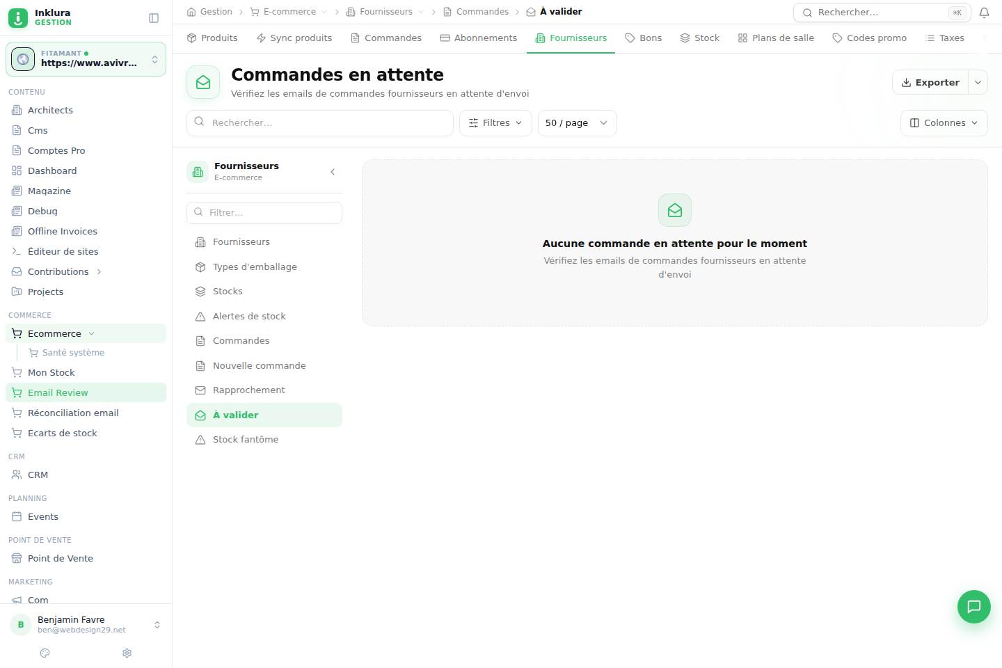 E-commerce — Fournisseurs · Commandes · Email Review