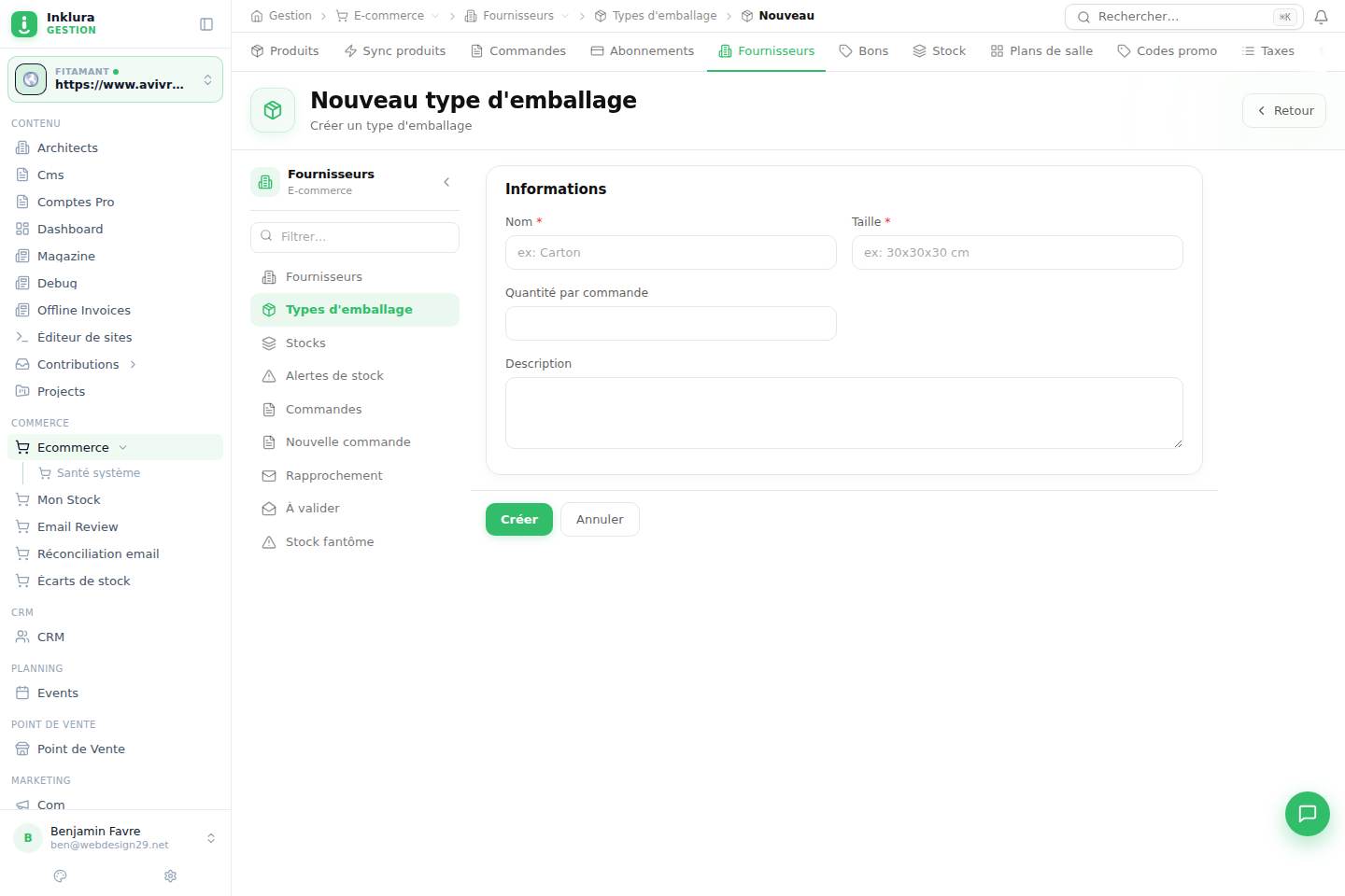 E-commerce — Créer — Fournisseurs · Types de conditionnement