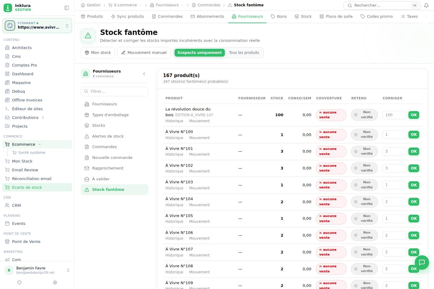 E-commerce — Fournisseurs · Commandes · Phantom Stock