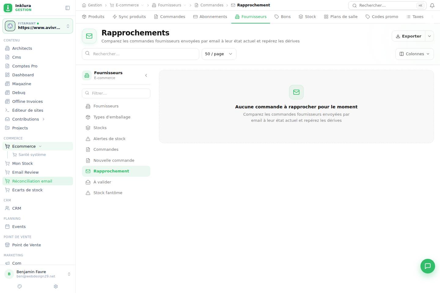 E-commerce — Fournisseurs · Commandes · Email Reconcile