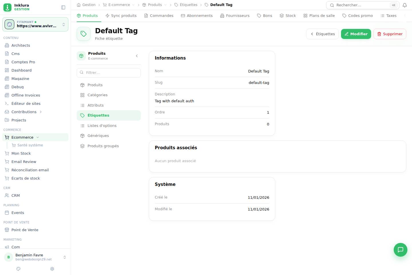 E-commerce — Fiche — Produits · Tags