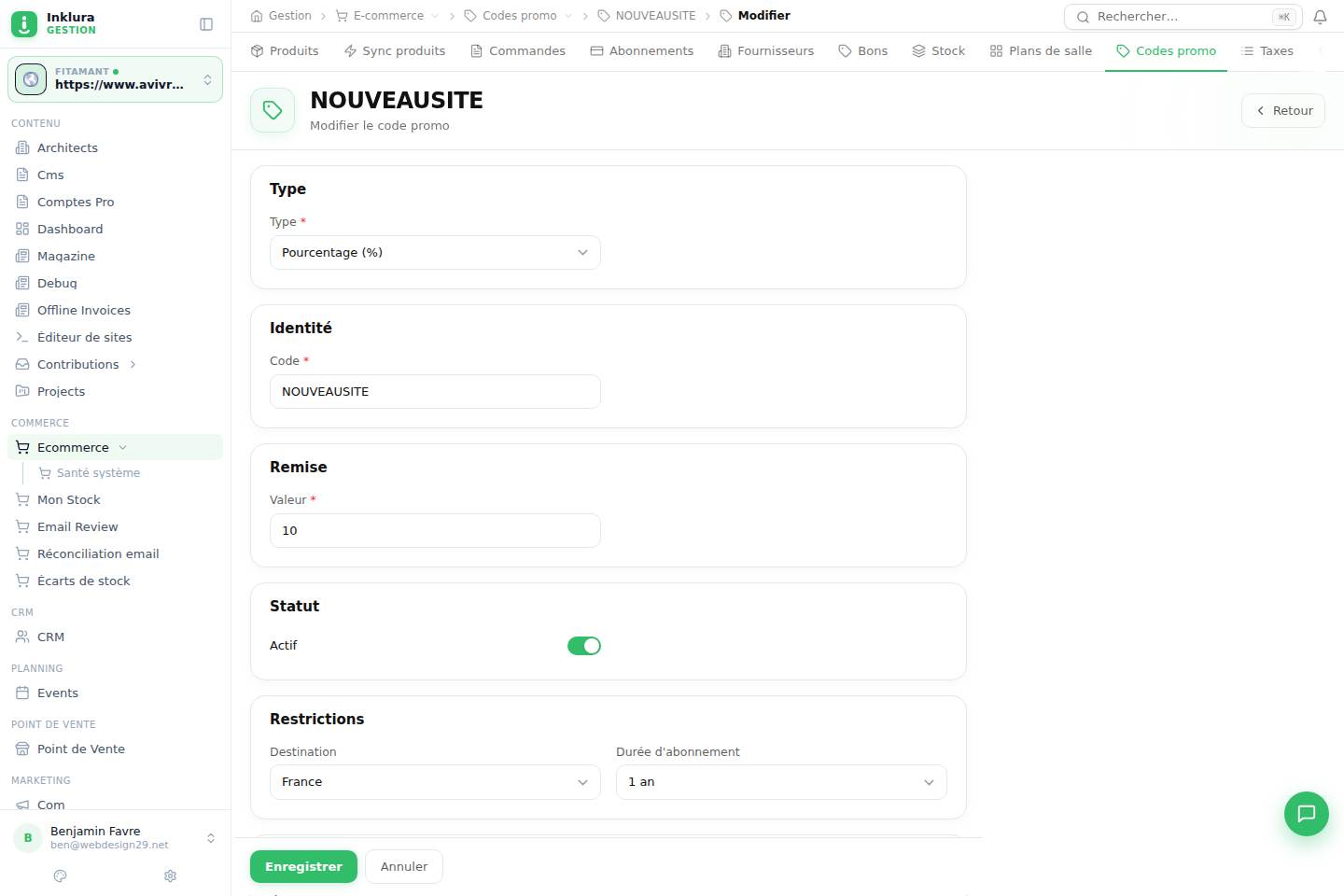 E-commerce — Modifier — Codes promotionnels
