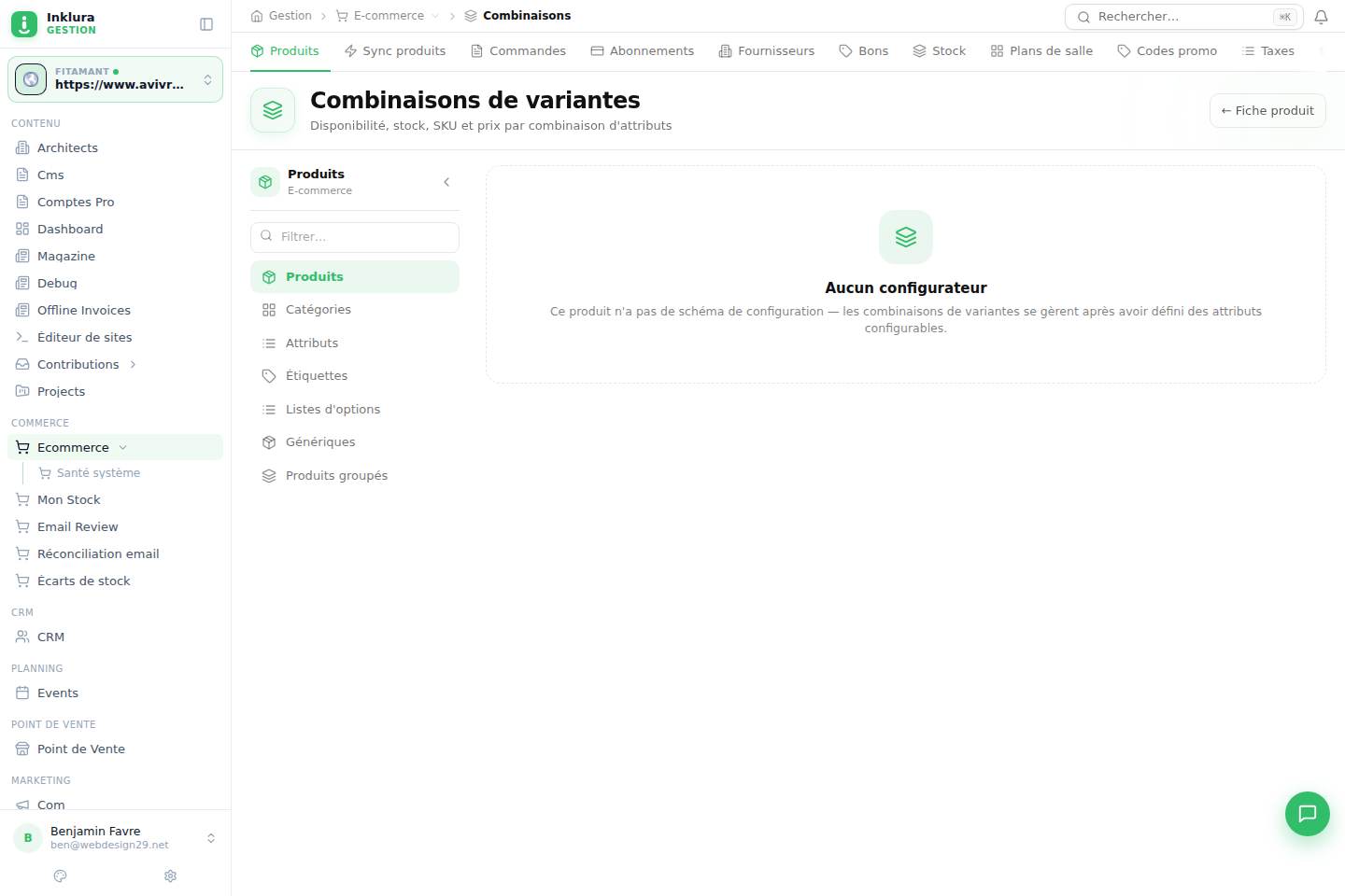 E-commerce — Fiche — Produits · Combinations