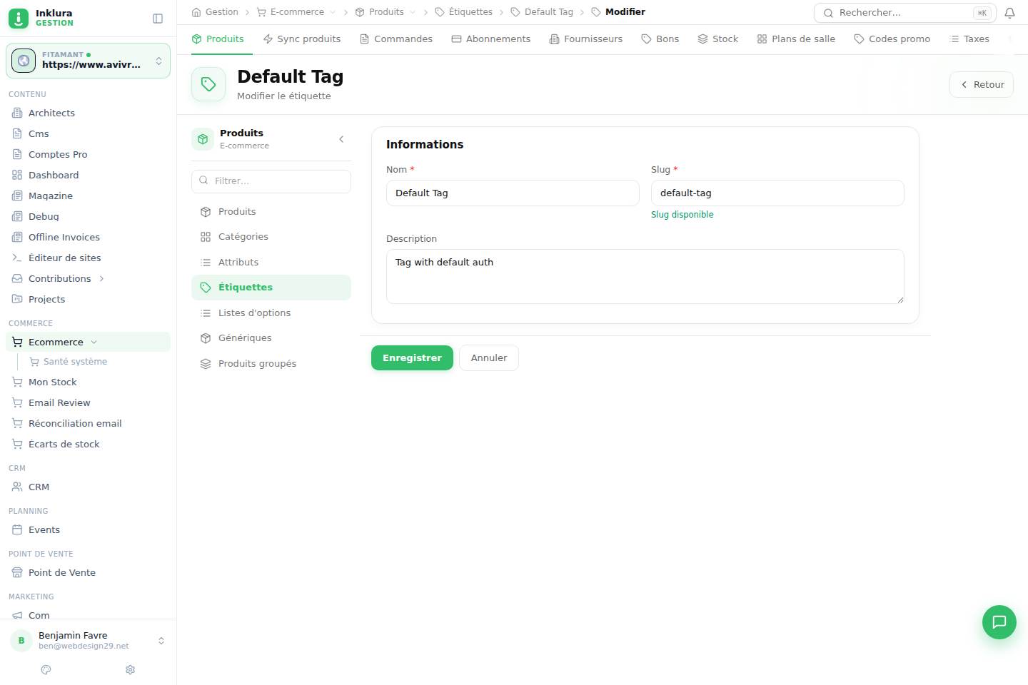 E-commerce — Modifier — Produits · Tags