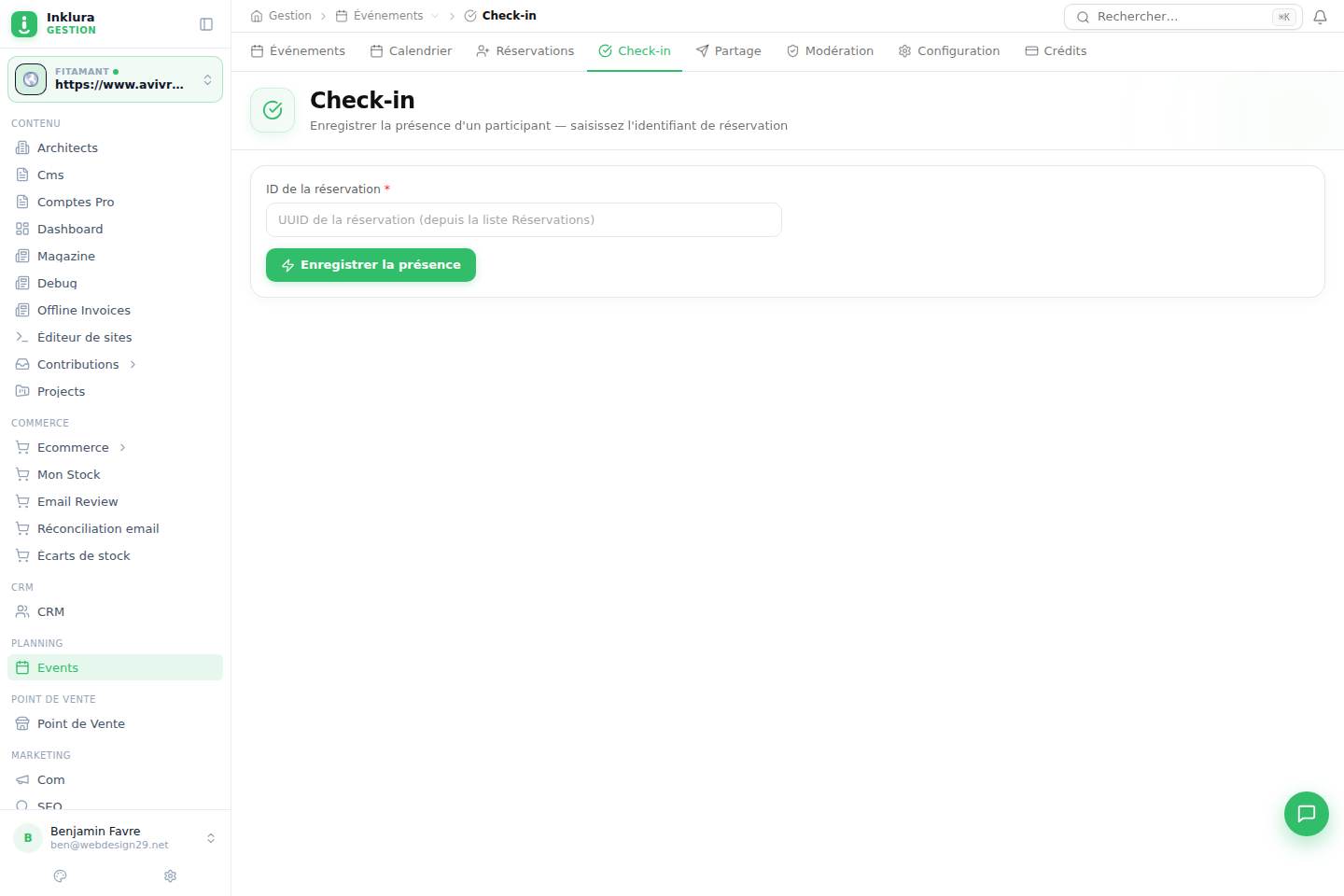 Événements — Gestion · Checkin