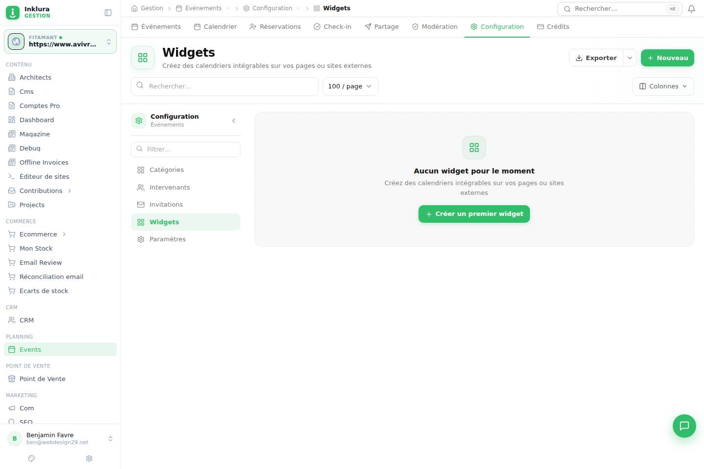 Événements — Configuration · Widgets