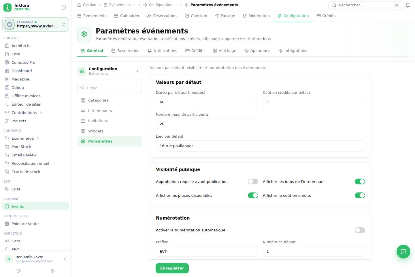 Événements — Configuration · Réglages