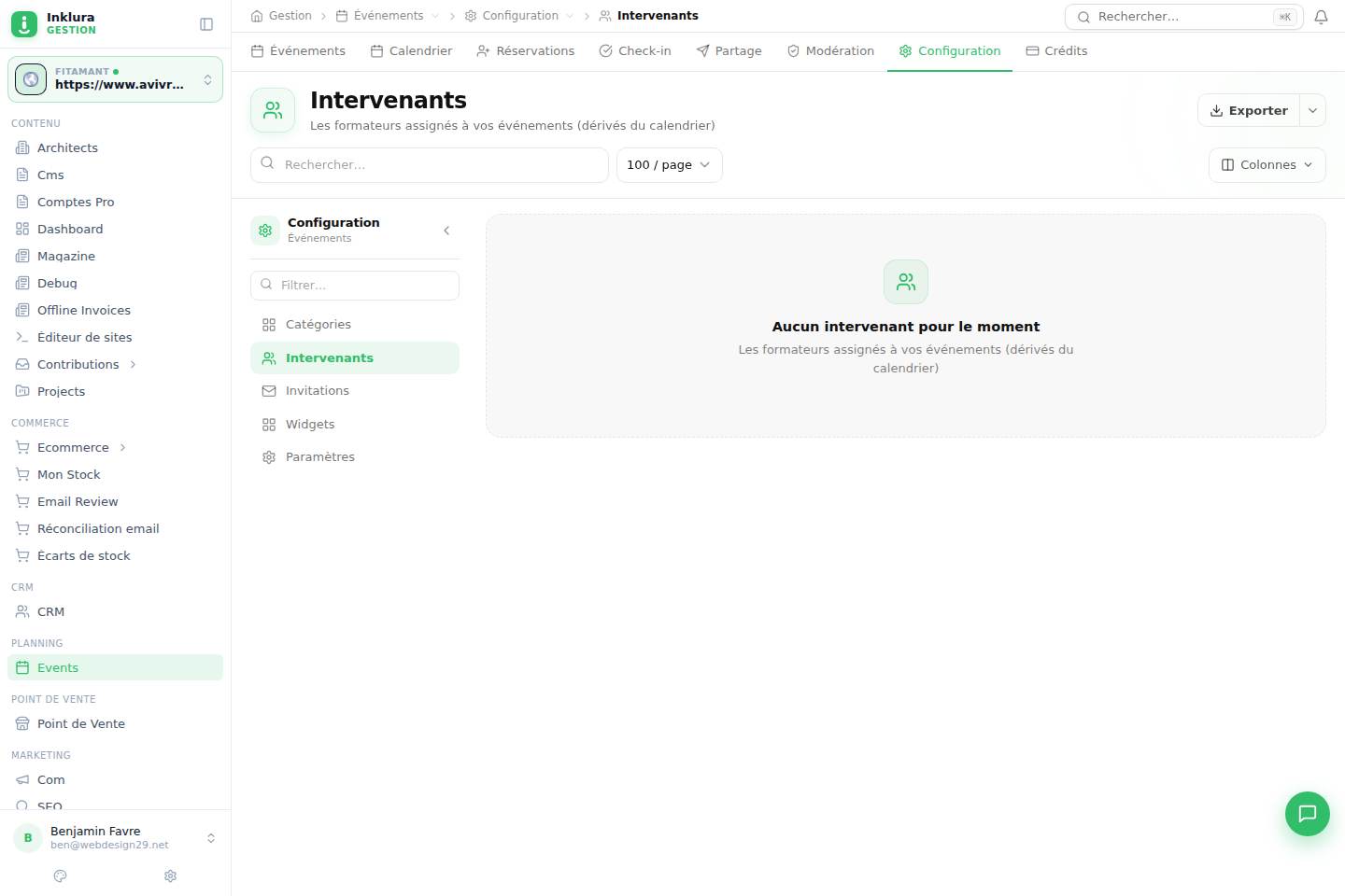 Événements — Configuration · Intervenants