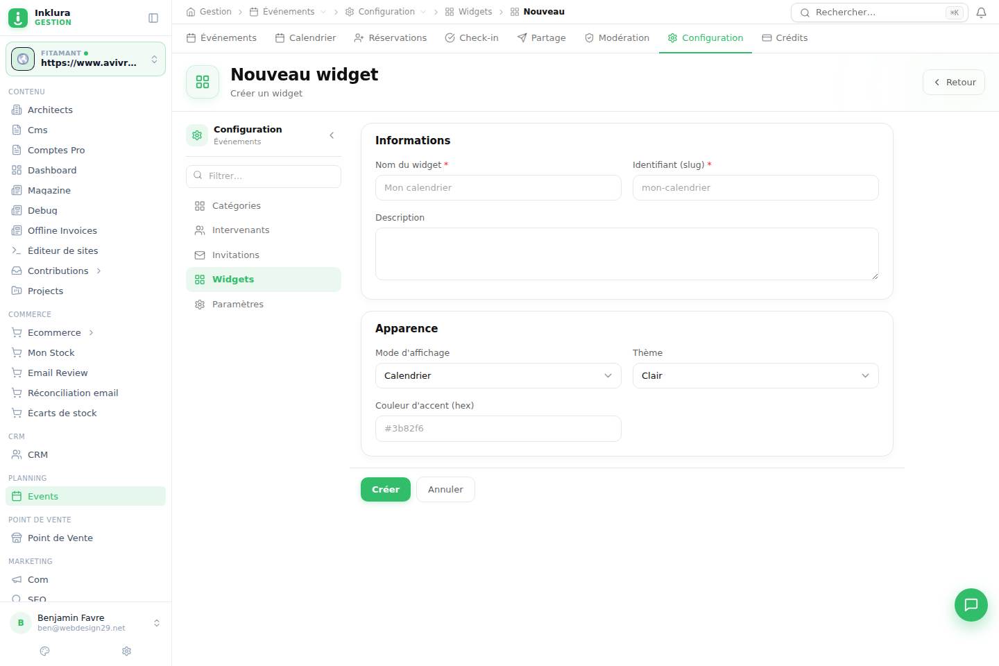 Événements — Créer — Configuration · Widgets