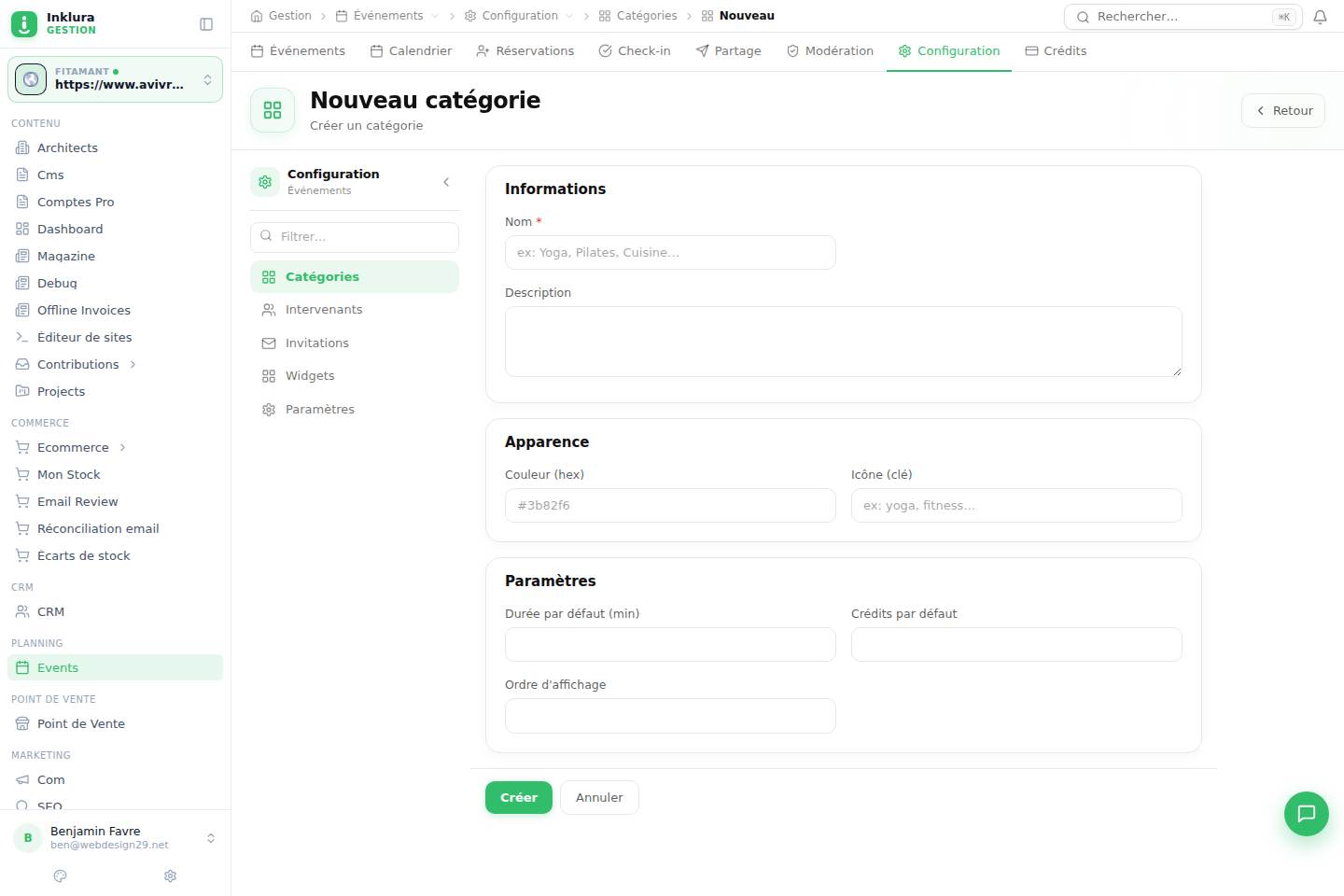 Événements — Créer — Configuration · Catégories
