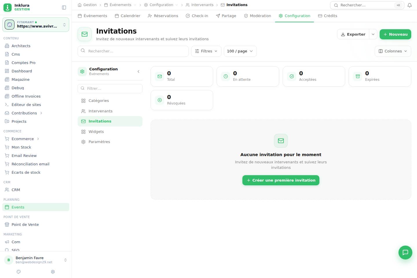 Événements — Configuration · Intervenants · Invitations