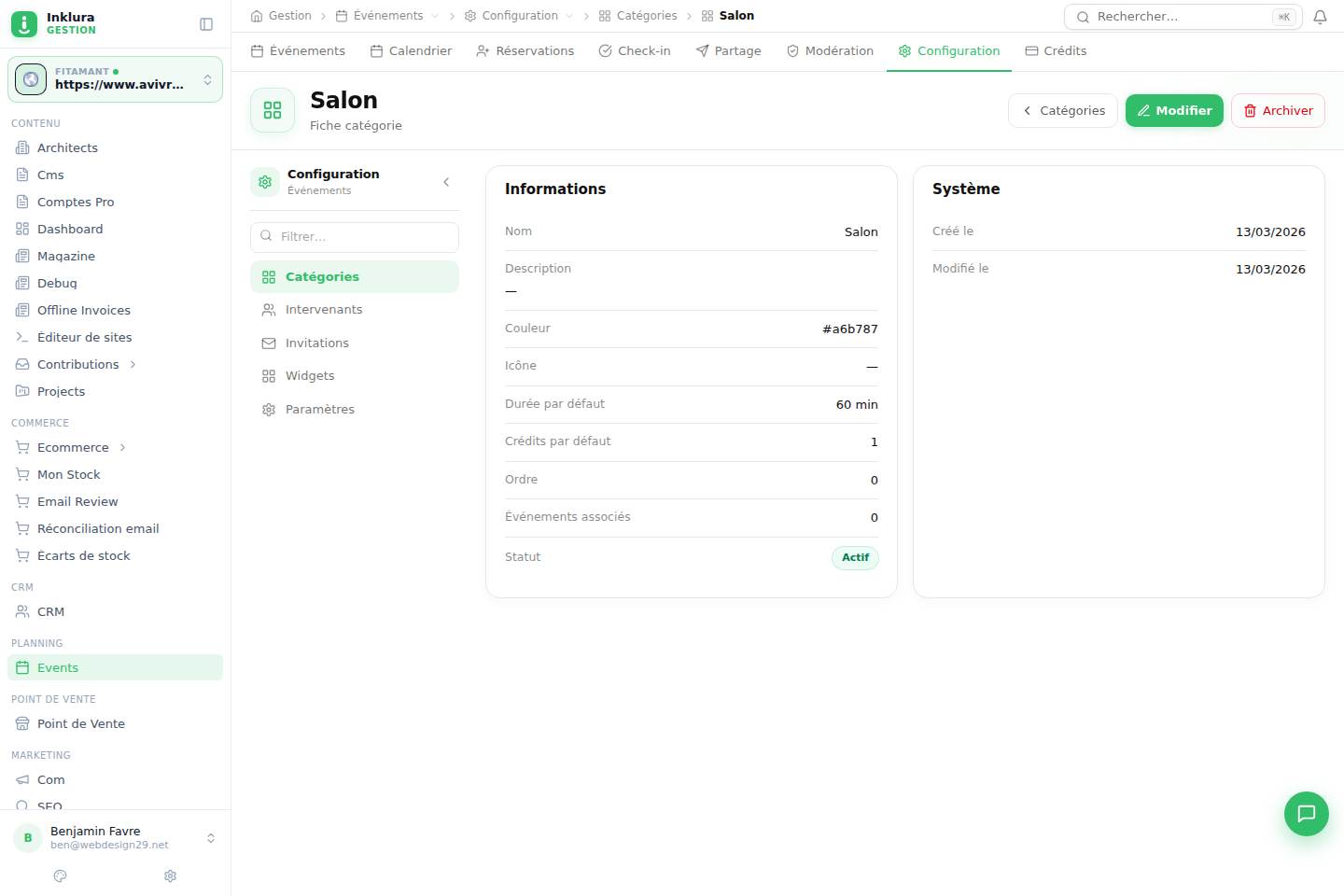 Événements — Fiche — Configuration · Catégories