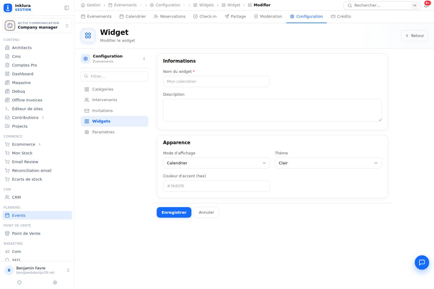 Événements — Modifier — Configuration · Widgets