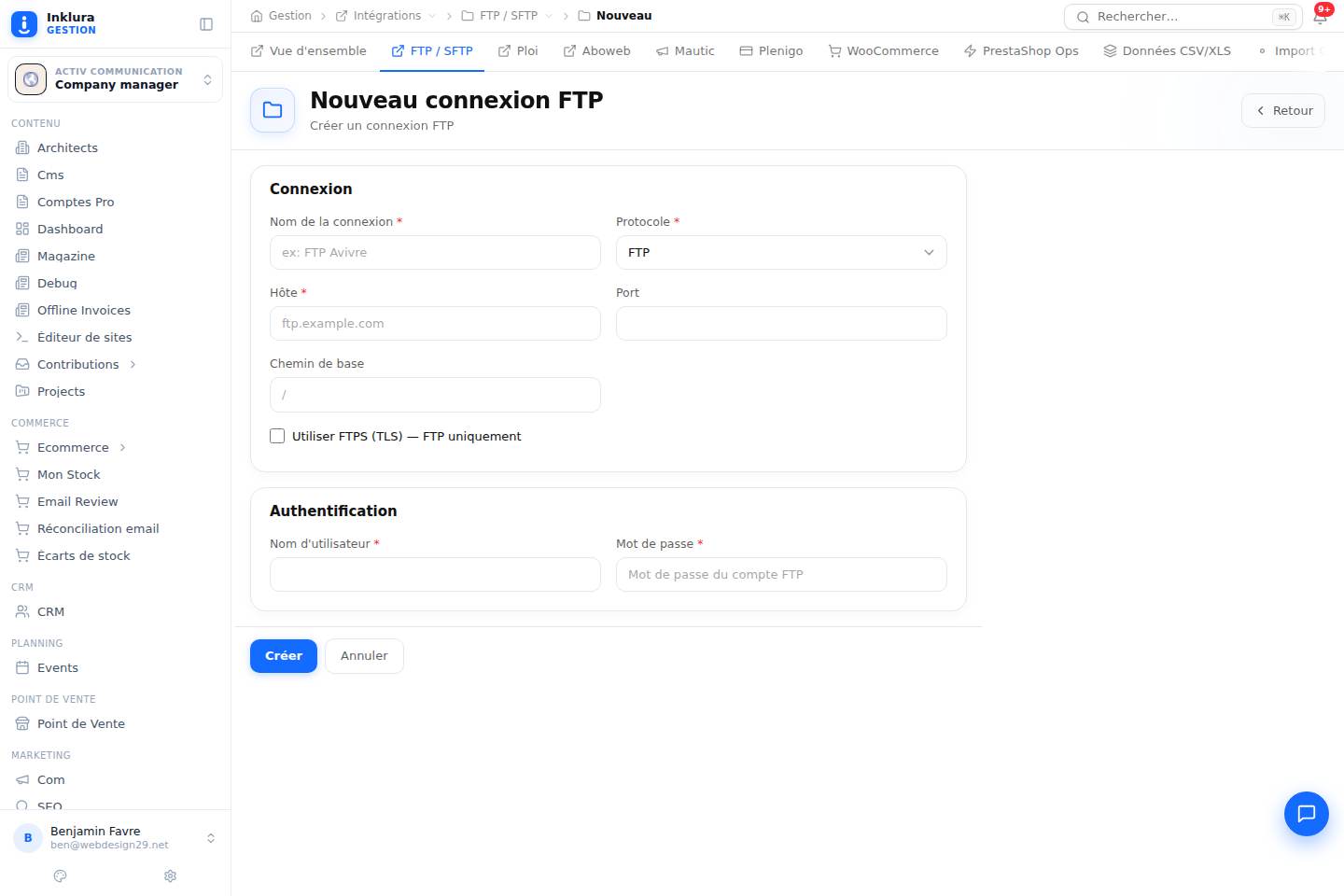 Intégrations — Créer — FTP / SFTP