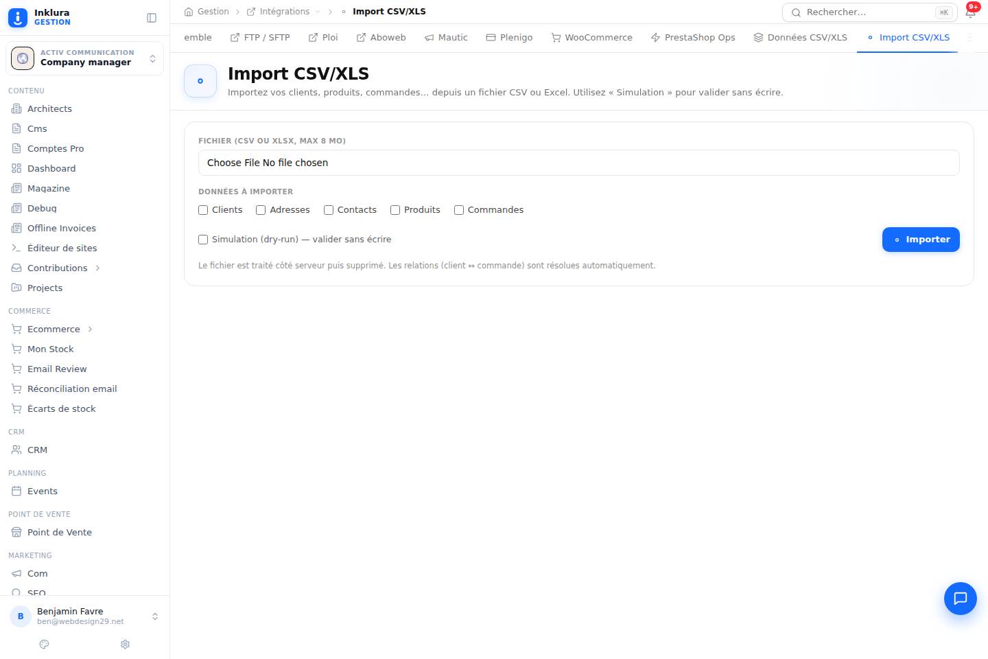 Intégrations — Csv Xls · Import