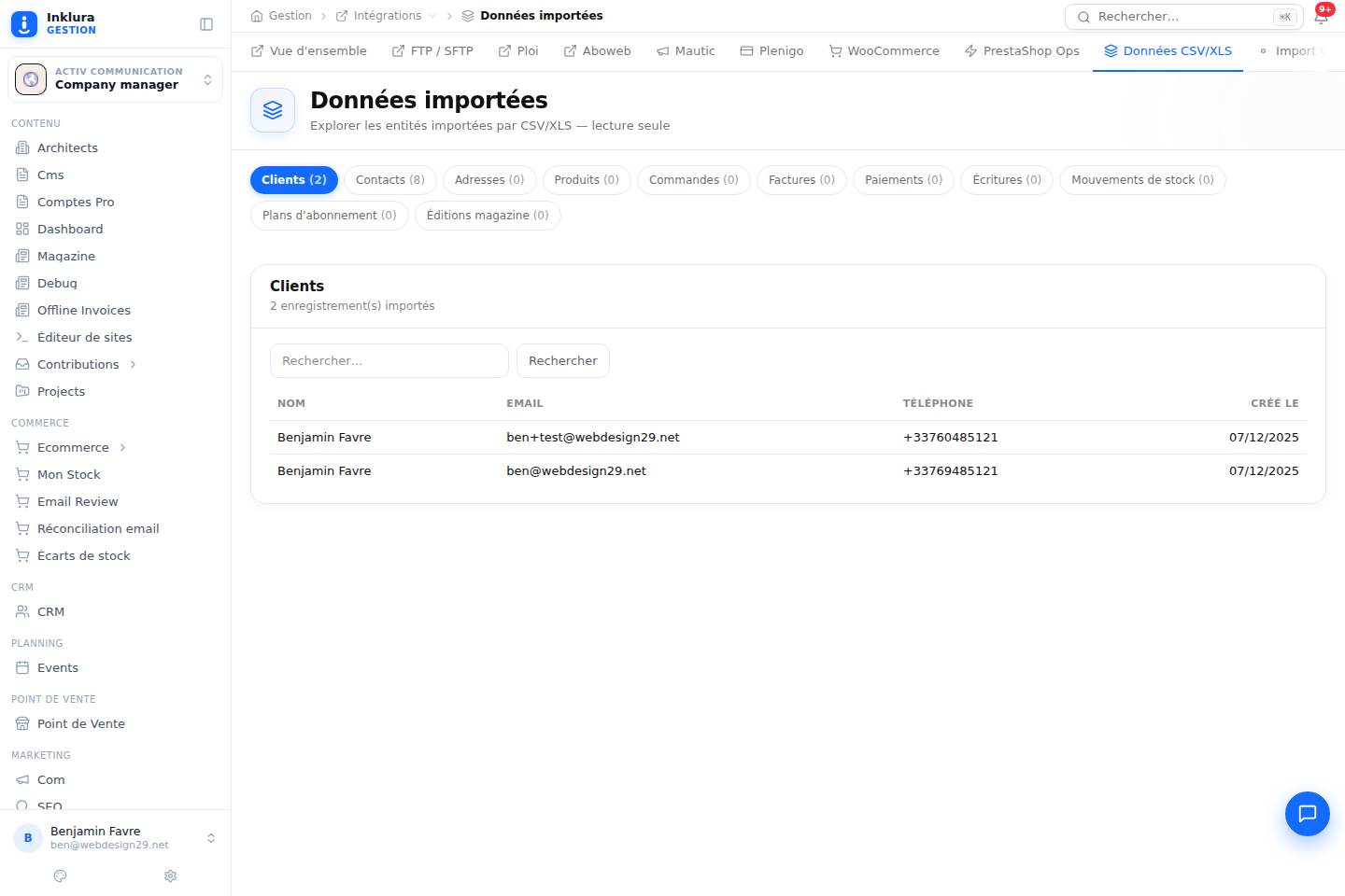 Intégrations — Csv Xls · Entities
