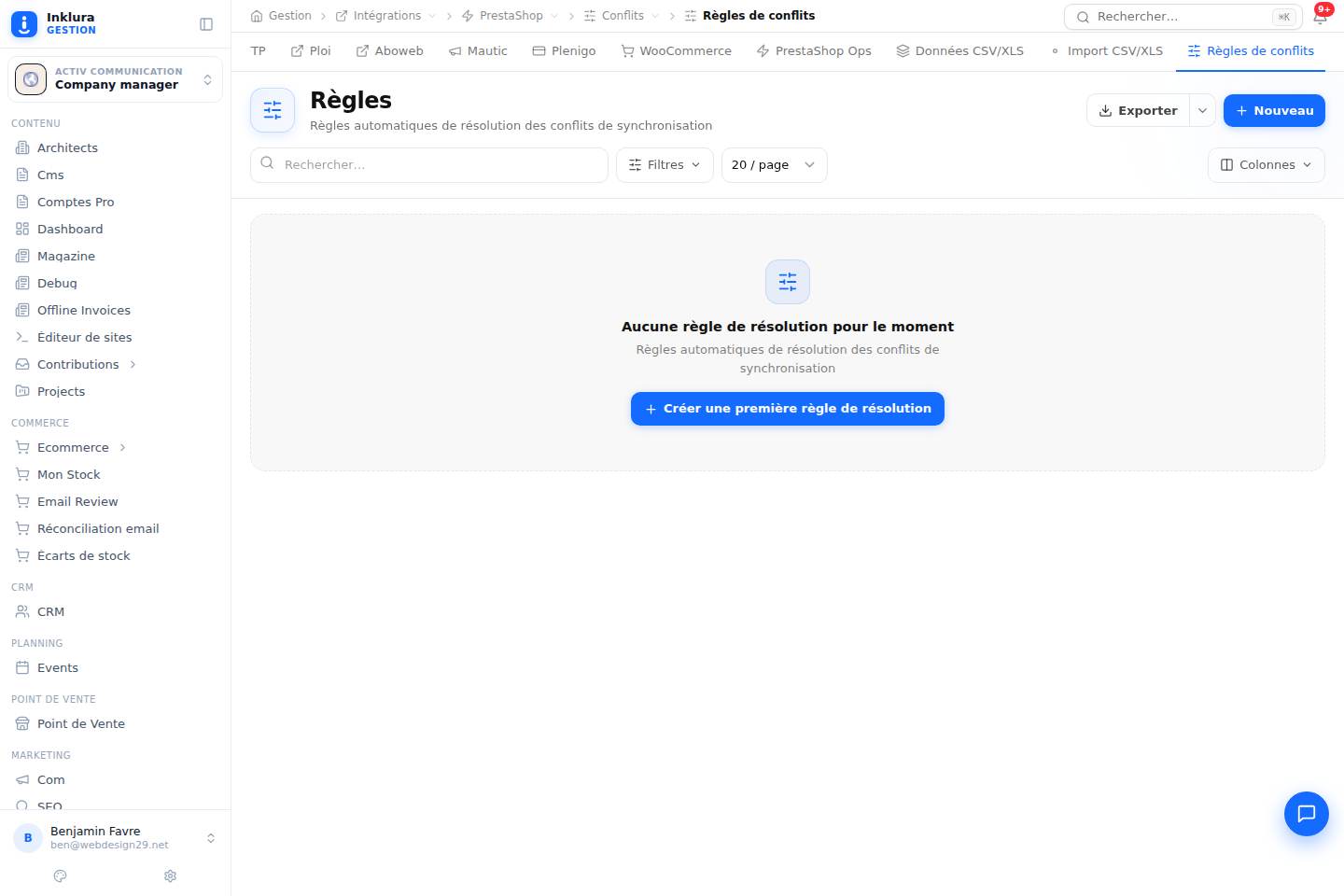 Intégrations — Prestashop · Conflits · Règles