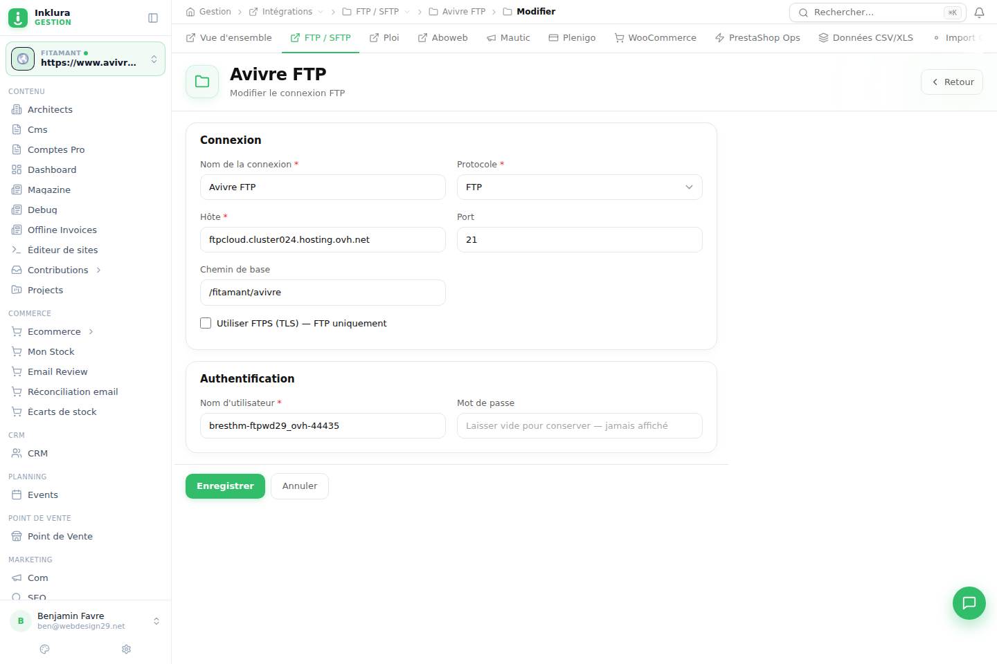 Intégrations — Modifier — FTP / SFTP