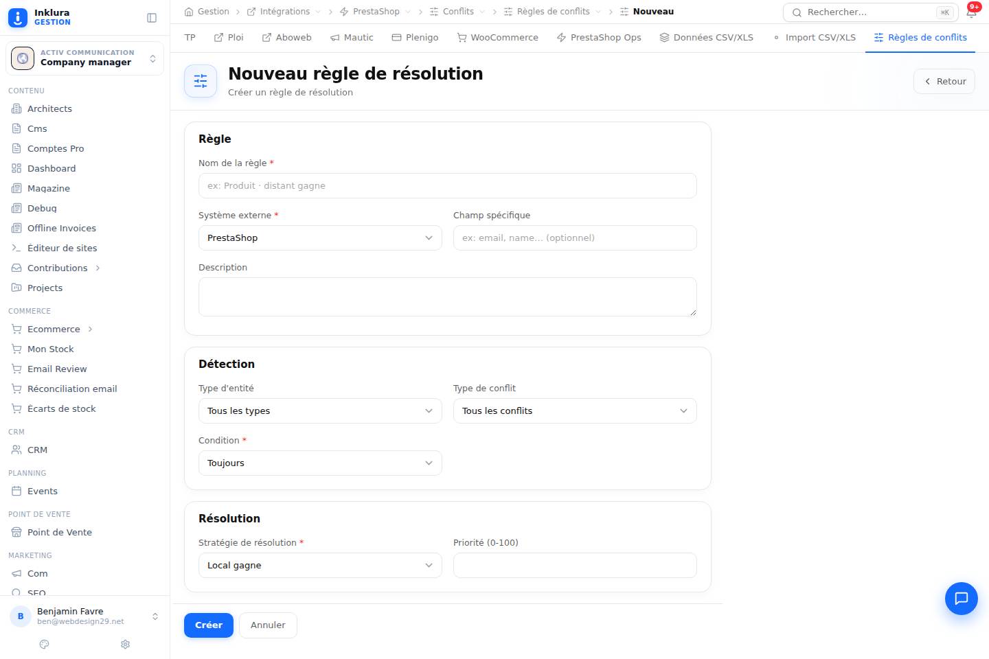 Intégrations — Créer — Prestashop · Conflits · Règles