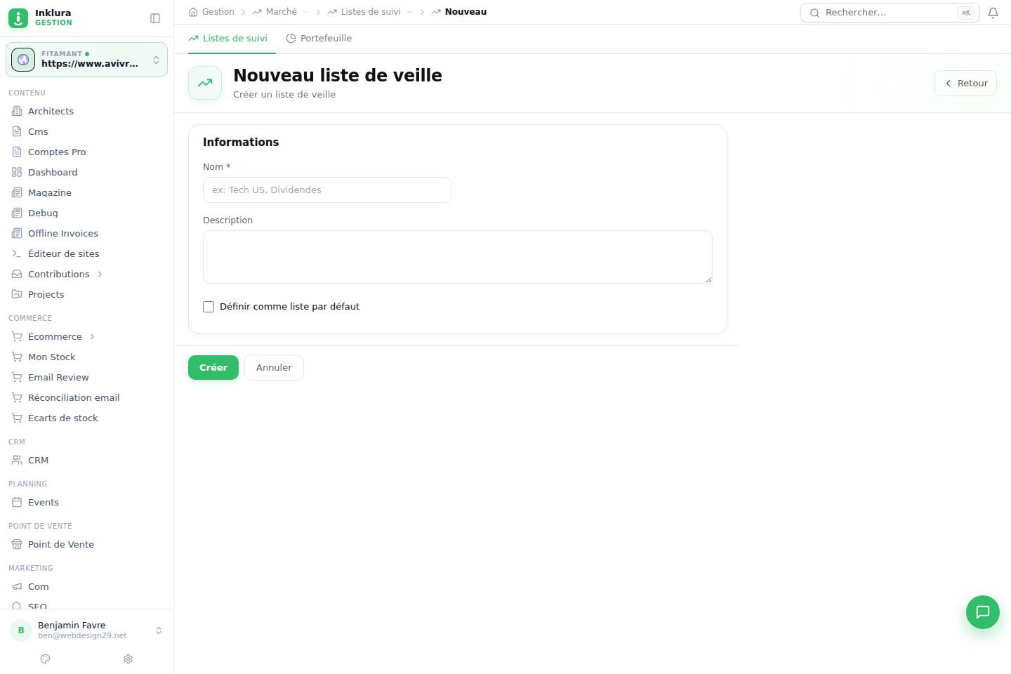 Marché — Créer — Listes de suivi